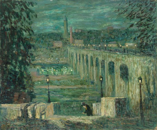 A nearly square landscape with a bridge to our right and a person walking at the lower center is painted loosely in tones of pine, spruce, and sage green with a few touches of yellow, black, and brown. Along the bottom of the canvas, a walkway or road close to us leads back to blocky forms on either side of a gap, perhaps a staircase leading down or a walkway set below our level. Within that gap and shown from the thighs up on the far side of the dip, the person has light-toned skin and wears a dark coat and gray hat. They stoop as they walk to our left, facing that direction in profile. Three streetlights in this area glow yellow. A tree rises along the left side of the composition, and the bridge stretches from the right edge of the composition into the distance at the center of the painting. Tall arches hold up the high deck, which is lined with more streetlights. Touches of black paint could be people moving along the bridge. A low area beyond the person and under the bridge is hard to interpret. Painted with streaks of green, peanut brown, and cobalt blue, it could be water darkened by nighttime or a grassy expanse. Two tall, tower-like structures rise high above a few other buildings on the far side of the bridge. The sky is streaked with forest and turquoise green and topaz blue. The artist signed the lower right corner in red paint, “E. Lawson.”
