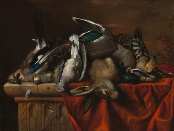 This painting shows an arrangement of dead birds and a rabbit on a wooden surface covered with a red cloth. The animals are upside down, with their heads hanging over the edge of the surface and their bodies piled atop one another. The animals are primarily brown and gray, with accents of white, grey, black, and green from the birds' plumage. The background is brown, with hints of green and pink on the right side, along with the faint outline of trees or bushes.