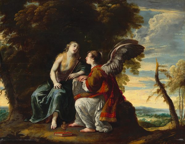 This painting depicts two people seated in an outdoor setting. The person on the left appears to be a woman with pale skin and long golden hair, wearing draped clothes in shades of lilac and teal. Her left arm is resting on a rock, and she holds a tall, thin cross. The person on the right sits on the other side of the gray rock, leaning towards the woman. They have white wings, pale skin, and short, curly brown hair. They wear a detailed red and gold garment over a long white robe. A small chalice and a closed book lie between the two people on the ground. In the background on the left there are tall, dark trees, while on the right are rolling green and blue hills under a bright blue sky with fluffy white clouds.