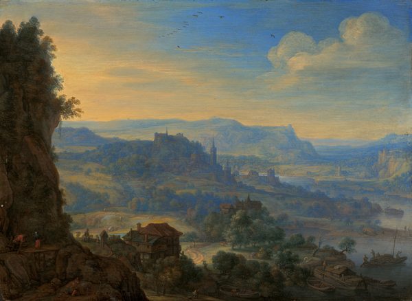 We look down and across a river valley into a mountainous landscape in this horizontal painting. Most of the mountains, trees, and buildings in the middle and deep distance are painted in tones of ice and cobalt blue. The horizon comes about halfway up the painting. In the sky, an intense gold glow comes from the left and illuminates the clouds across the picture. A field of flat aquamarine-blue sky shows through the clouds at the top center. The land closest to us is dark brown and green, backlit by the low sunlight. A vertical, rocky outcropping rises almost the height of the painting along the left edge. Trees create fuzzy outlines along the top of the cliff, and two people, wearing red, dark blue, and brown walk along a path about halfway down the outcropping. About a dozen more people and children, along with some horses or mules, walk, stand, or sit along paths leading to and around some coffee-brown buildings at the foot of the outcropping. More people work on and around boats in the arctic-blue river that winds into the distance along the right edge of the composition.