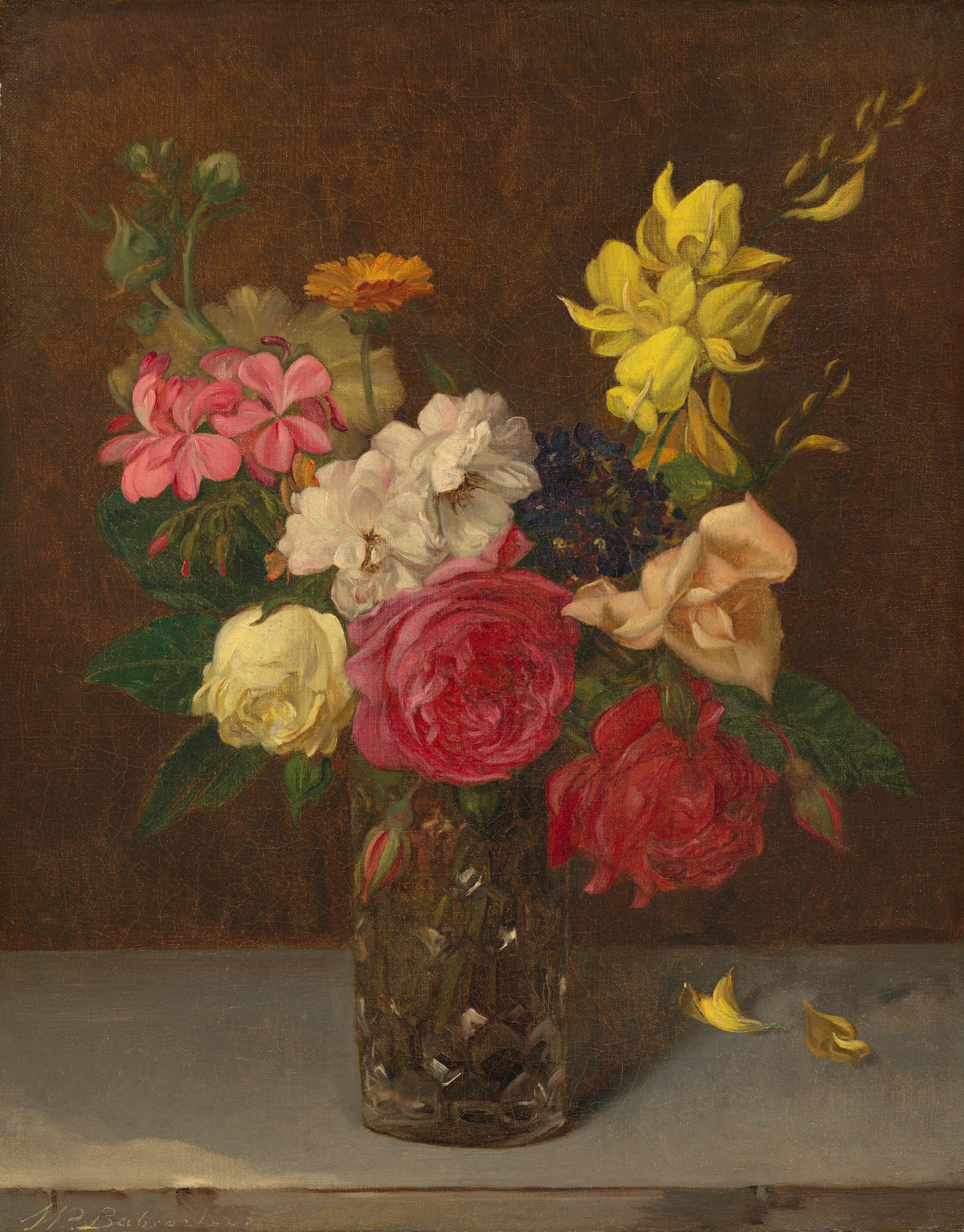 This painting shows a crystal vase filled with a bouquet of flowers against a dark brown background. The flowers are a variety of colors, including red, pink, yellow, white, peach, and dark blue. Green leaves and stems are interspersed between the flowers. The vase is placed on a gray surface with some fallen yellow petals scattered to the right.