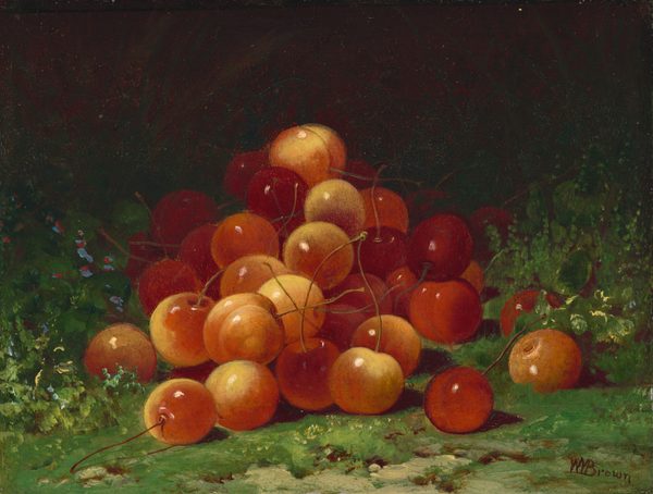 In this painting, a pile of cherries is displayed on a grassy ground. The cherries are in different shades of red, orange, and light yellow, set against a dark green background. Some cherries are scattered in the grass around the pile. Green leaves and grass cover most of the scene, with small patches of tan earth visible at the very bottom.