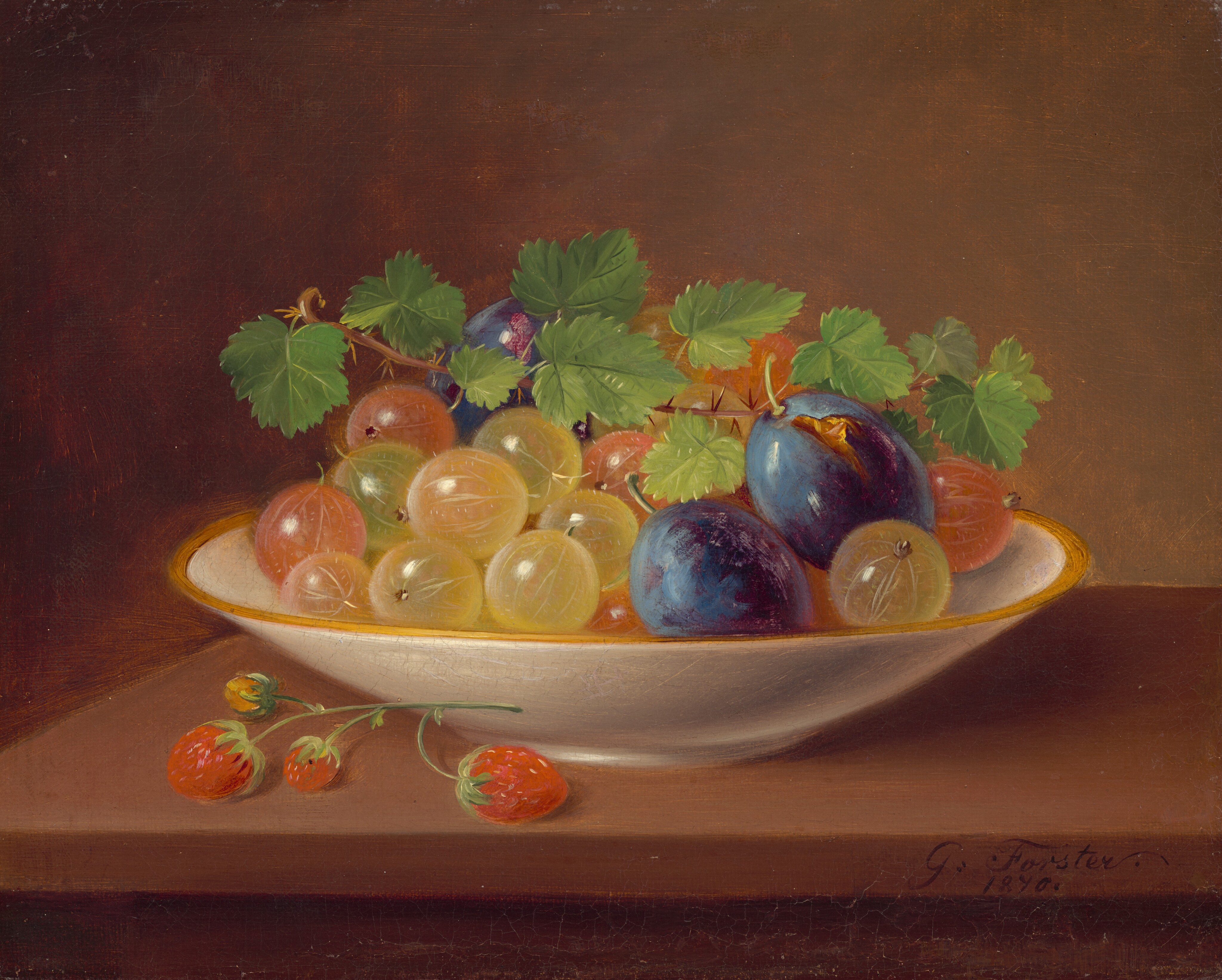 In this painting, a white dish with a gold rim sits on a brown surface. In the bowl there are three large purple plums surrounded by smaller gooseberries. The gooseberries are in shades of pale yellow and pink, some tinged with green. A small leafy vine rests on top of the fruit in the bowl. To the left, on the brown surface next to the bowl, is a group of four red and yellow strawberries connected to a small stem. The background is brown.