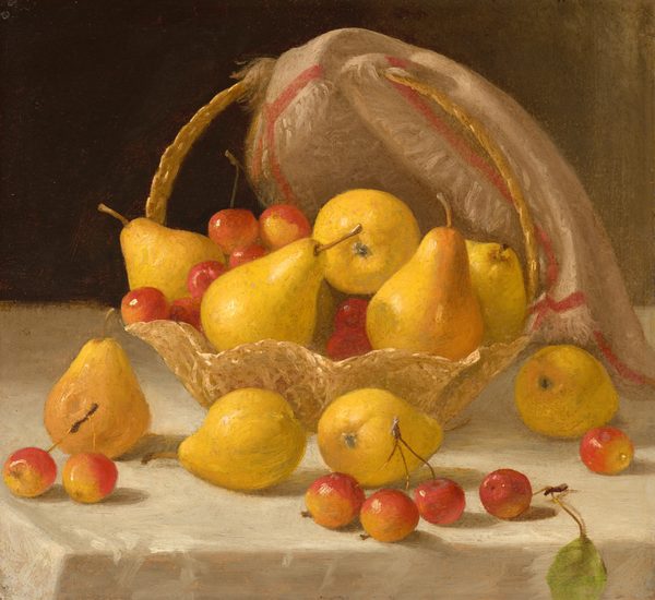 In this painting, a wicker basket is filled with yellow pears and a few red cherries. The basket rests on a table, and more pears and cherries are scattered in front of it, casting shadows on the white tablecloth. There is a piece of fabric hanging over the handle of the basket; the cloth is white with red trim and frayed edges. The background is dark brown.