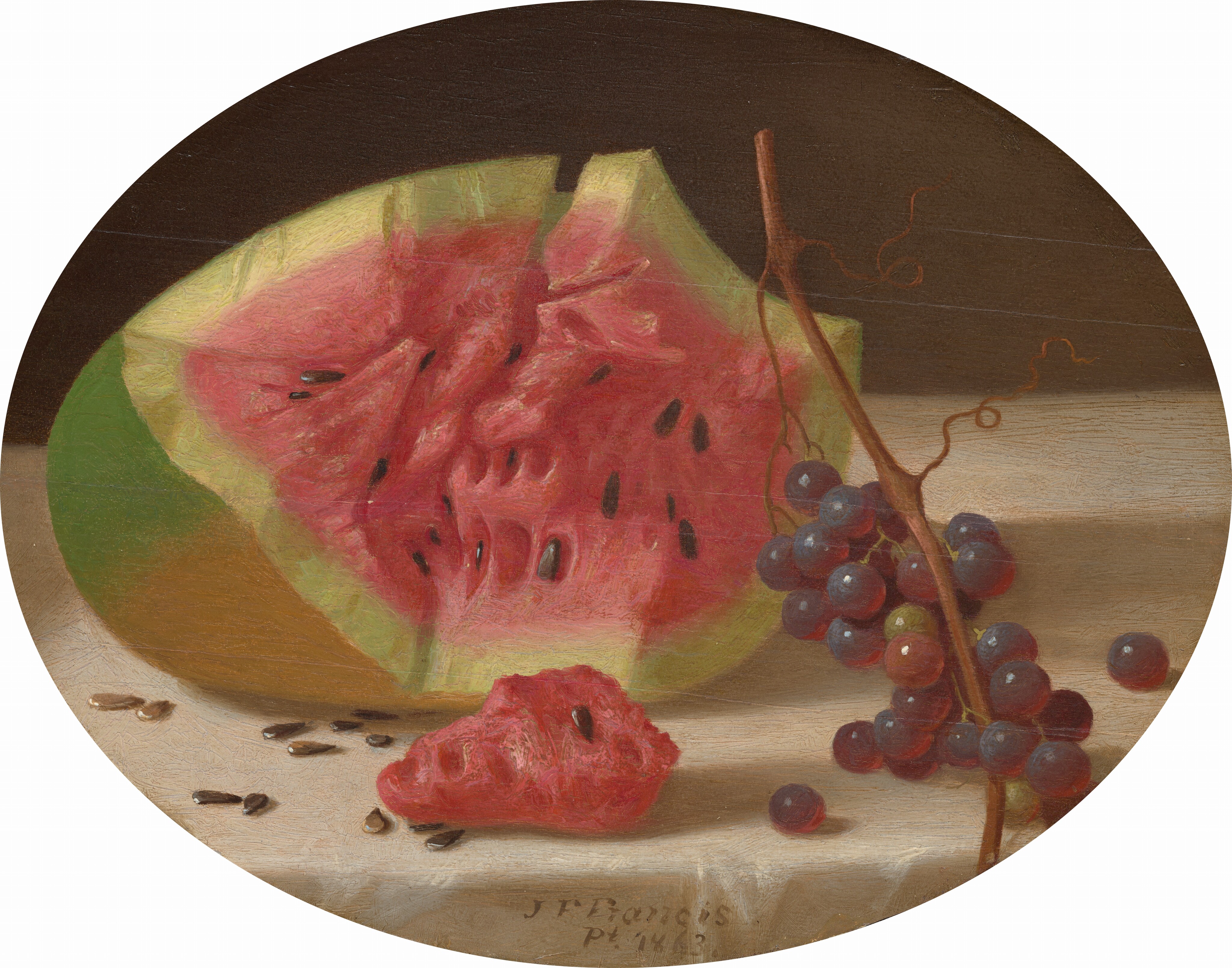 In this oval painting, a large chunk of watermelon with seeds is on the left and a cluster of grapes is on the right, resting on top of a table with a white tablecloth. Loose seeds are on the table next to watermelon, as well as a smaller chunk of fruit. The grapes are attached to a brown vine. The color palette includes reds, pinks, purples, greens, and browns, and the background is dark.