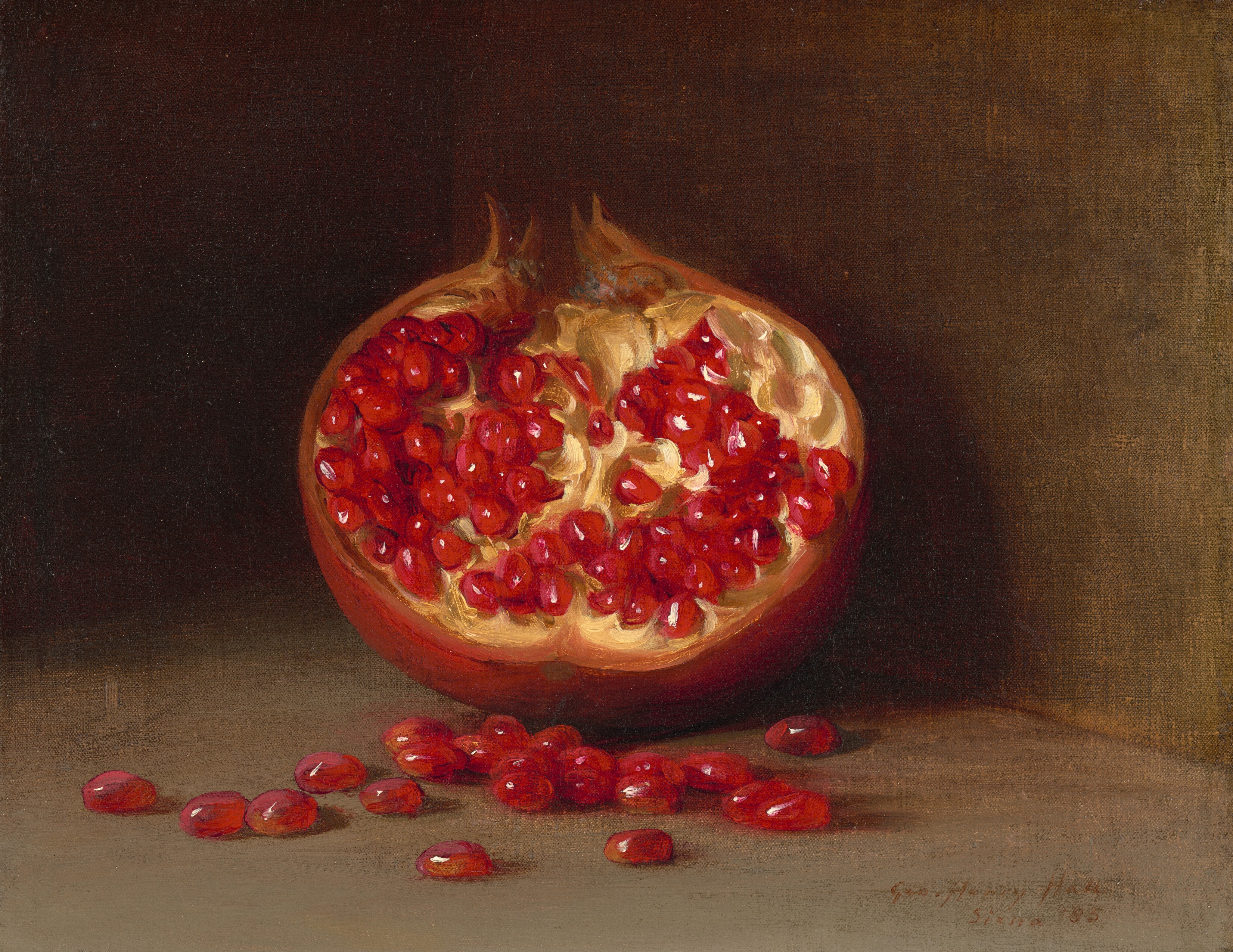 This painting is of a pomegranate that has been cut in half, exposing its red seeds. Some seeds have spilled out in front of it. The fruit is set upright against a dark brown background, and it casts a dark shadow behind it. The seeds are bright red with white highlights, while the rind of the fruit is a slightly darker red. The area containing the seeds is a light-yellow color with darker indentations in places where seeds have fallen out.