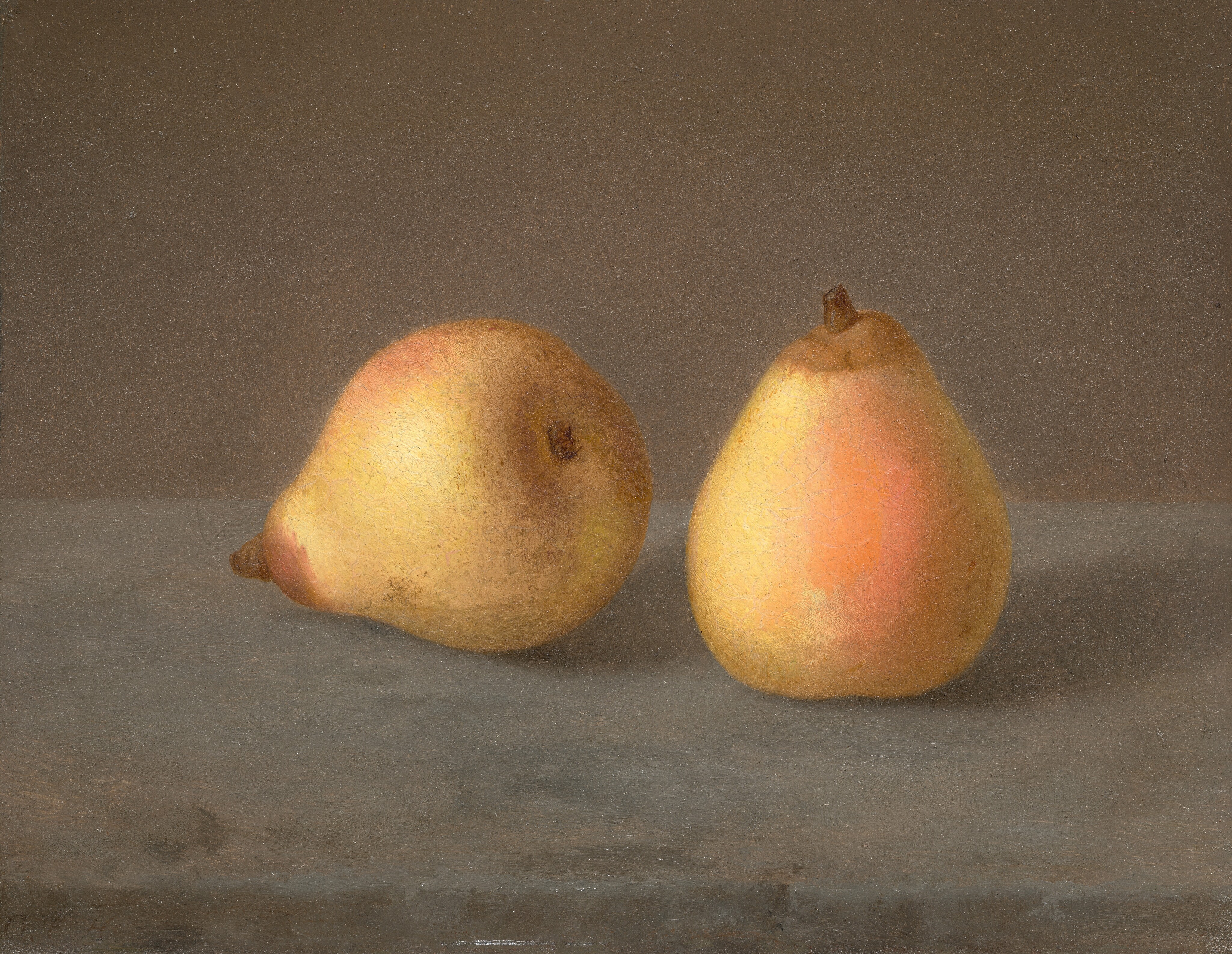 The image shows two pears, one lying on its side to the left and the other upright to the right. The color palette includes muted yellows, soft pinks, and browns against a light grayish-brown background. Both pears are on a flat surface; the pear on the left leans slightly into the image, while the upright pear to the right captures a highlight emphasizing its round form.