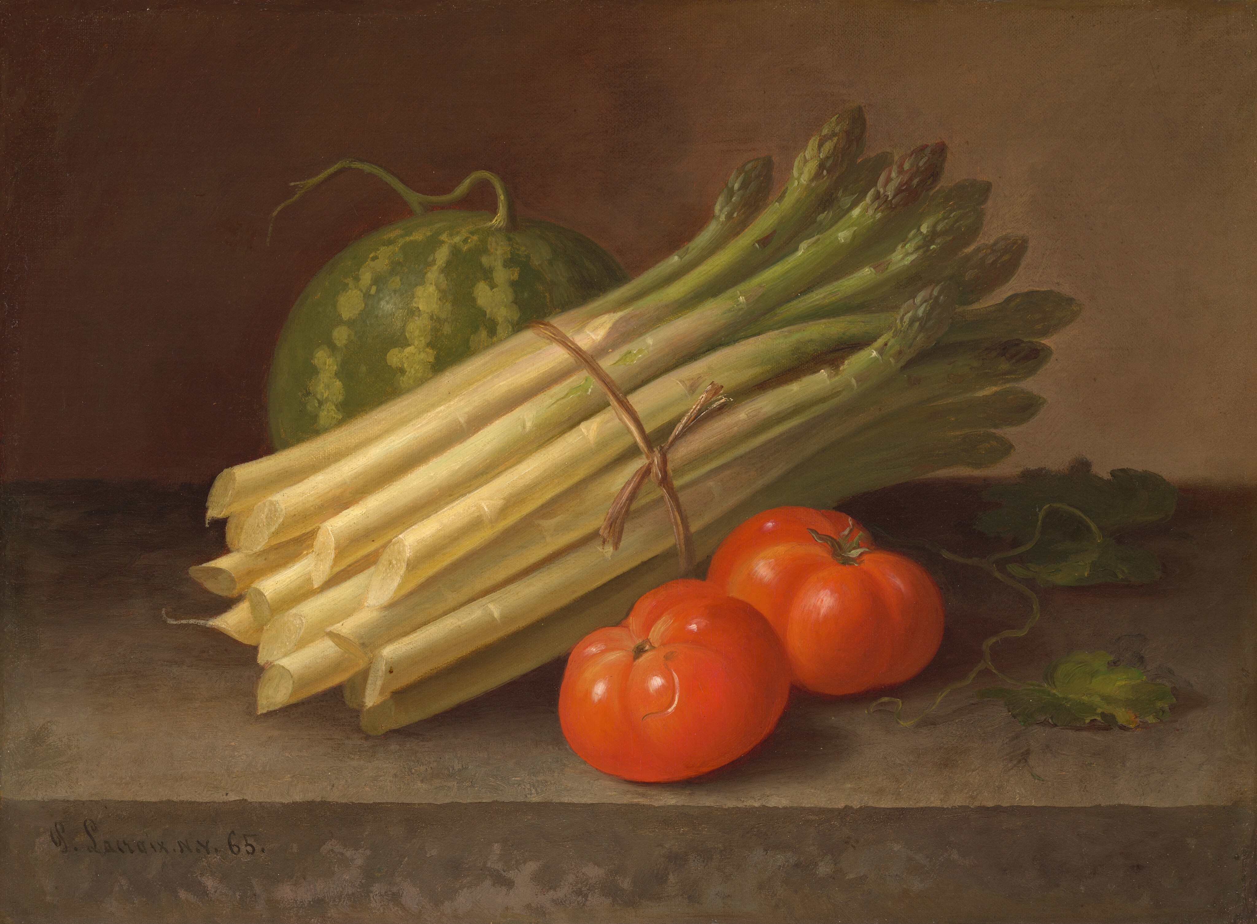 This painting shows a bundle of asparagus tied with a brown string, with two red tomatoes in front of it and a green melon in the background. The asparagus bundle is in the center, the dark green spears pointing to the upper right corner and the lighter, jagged ends pointing towards the bottom left. The shiny red tomatoes are in front, on the lower right, and the melon is behind the asparagus on the left, with vertical stripes of light and dark green and a short vine curling from the top. To the right of the vegetables is a thin curling vine with wide leaves. The objects are placed on a gray surface, and the wall behind them is a gradient of brown, lighter on the right and darker on the left.