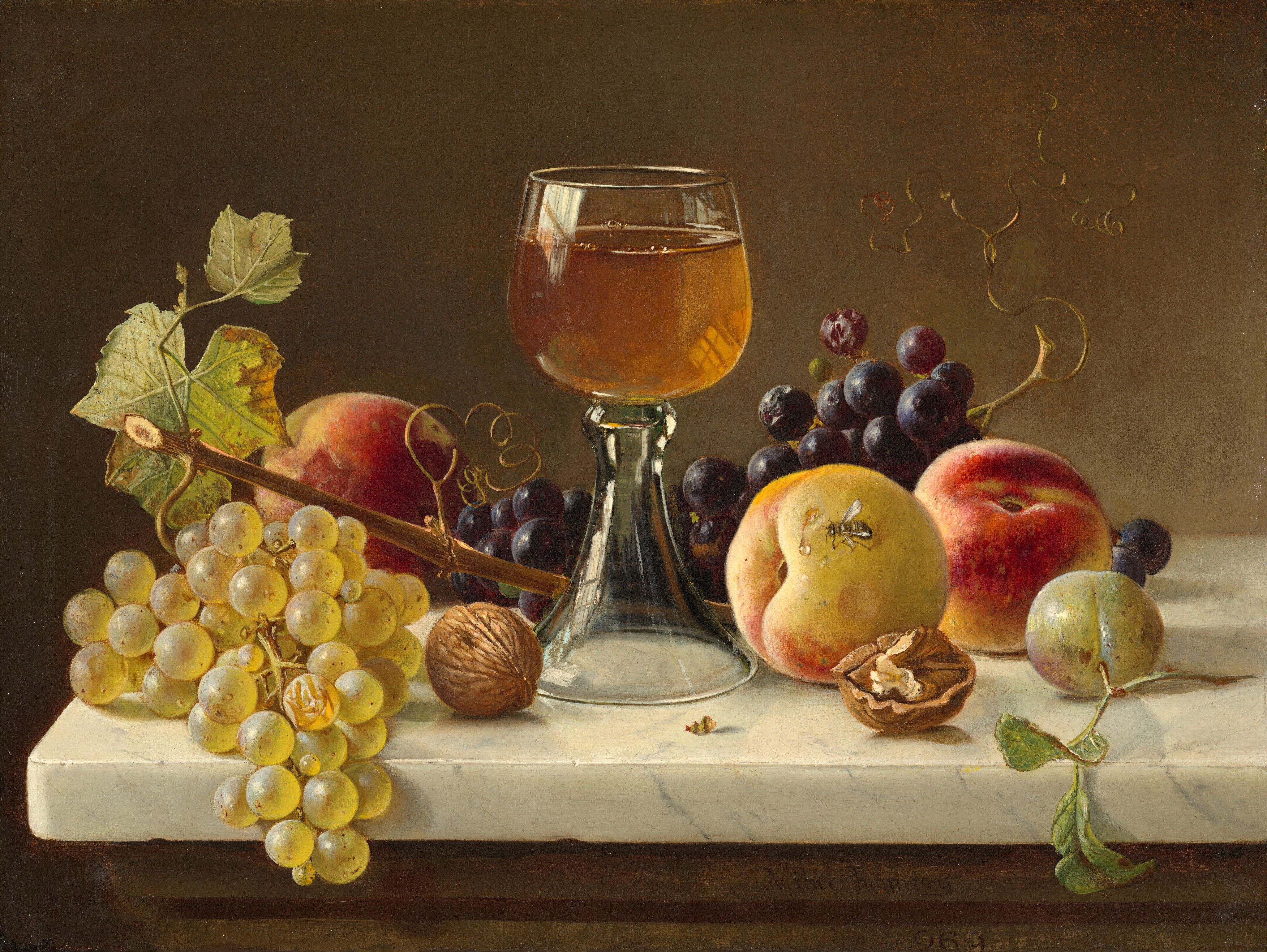 In this painting, there is a glass of amber liquid on a marble surface surrounded by green and purple grapes, peaches, a green plum, and two walnuts, one partially opened. The glass is centered, with the fruit and nuts spread around and behind it. On the right, a stem from the red grapes twists upward towards the top right corner, while on the left, the green grapes are still connected to a thin, leafy branch. A bee is perched on one of the peaches, a drop of juice dripping down next to it. The background is dark brown.