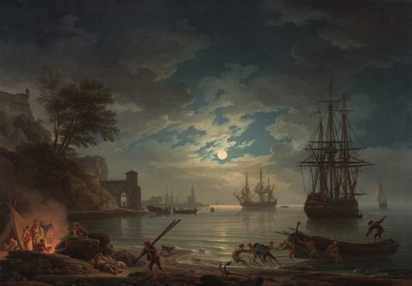 Moonlight falls across several masted ships near a rocky shoreline in this horizontal painting. The sky fills the top three-quarters of the picture. A veil of slate-gray clouds is lit to pearl white around the crisp, full moon at the center of the composition. Patches of denim-blue sky are seen through breaks in the blanket of clouds. Moonlight reflects down the center of rippling, silvery-gray water that laps against a beach close to us, along the bottom edge of the painting. A tent is set up in the lower left corner of the composition. There, two women and one man stand looking at a glowing fire next to the tent. One woman holds a basket on her head, the other tucks a flat basket under one arm. The man stands between the two women, and a fourth man crouches near the fire, his back to us. In the opening of the tent, another woman kneels over a large bowl as she looks at the fire. A fifth person, a man, gazes at the fire as he sits smoking a long-stemmed pipe on a boulder. At the foot of the boulders, a man lies back against some bundles, one arm thrown up over his head. A dog curls up next to his hip. Not far from the sleeping man and in the center of the foreground, a man carries several long wooden objects, possibly oars, over one shoulder while a dog beyond him barks at the lapping surf. The beach curves like a C away from us, along the left. At the point of the curve in the middle distance, a structure like a city wall and gate jut out to the water’s edge. More buildings atop steep cliffs rise vertically beyond the gate. The shoreline curves into the distance again, and more buildings, including a lighthouse, and masted ships there are smoke-gray silhouettes. Near the lower right corner of the painting, four men pull on ropes tied around the prow of a small wooden boat while three others push it toward the land. Another man stands in the far end. A short distance beyond that boat is a tall wooden ship with three masts and rigging outlined against the night sky. Windows along the decks of that boat’s wide stern, angled toward us, glow with golden light. Beyond it and a bit to our left, another ship, smaller in scale, sails away from us. Several more ships move back to the horizon until we only see strokes of white and gray to indicate their unfurled sails.
