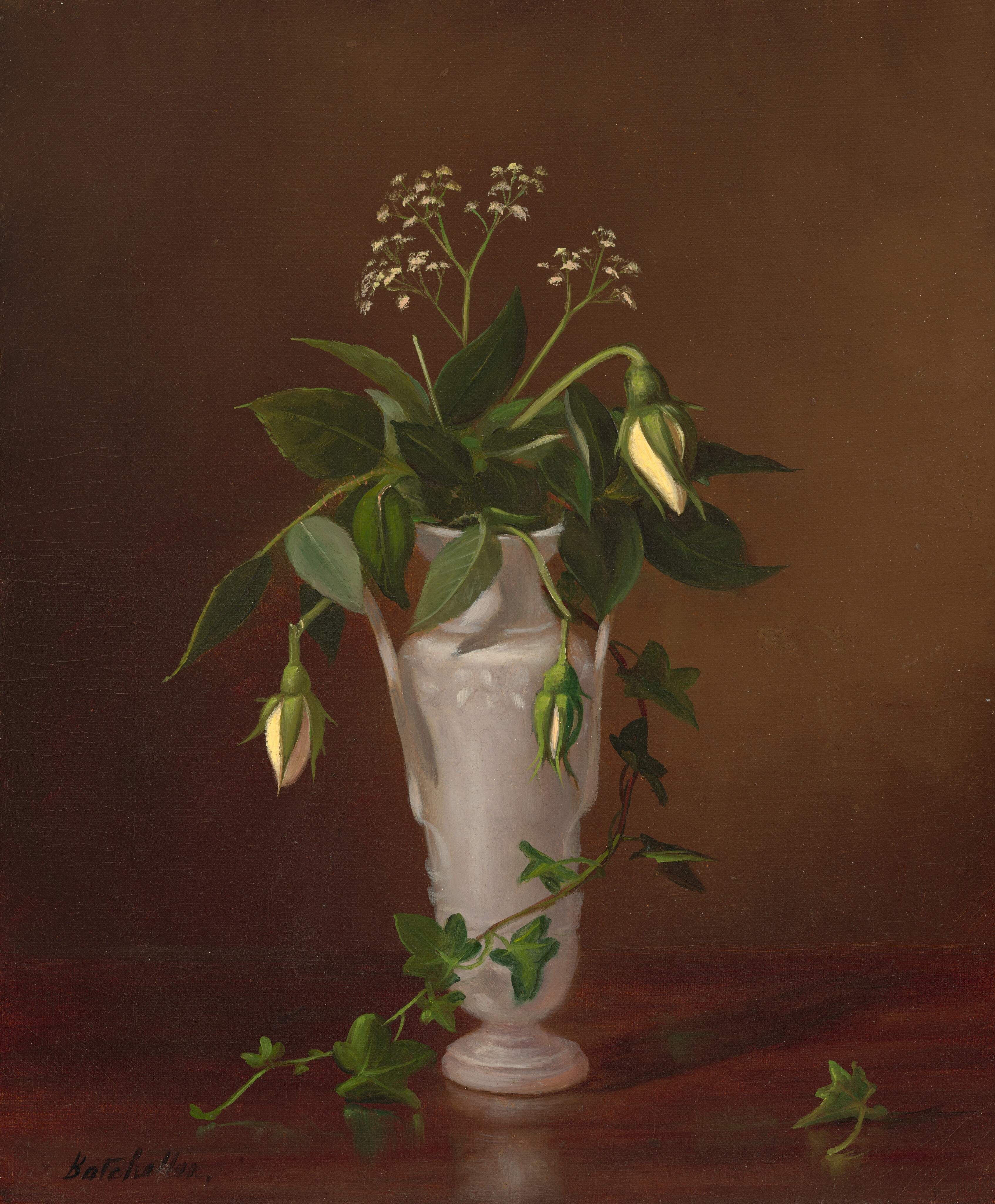 “In this painting, a white vase stands on a wooden surface, containing a green leaf arrangement with small, light pink flowers and partially opened white flowers. A green, leafy vine trails down the side of the vase. The background and surface the vase rests on are both rich brown.”