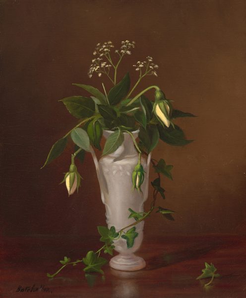 “In this painting, a white vase stands on a wooden surface, containing a green leaf arrangement with small, light pink flowers and partially opened white flowers. A green, leafy vine trails down the side of the vase. The background and surface the vase rests on are both rich brown.”
