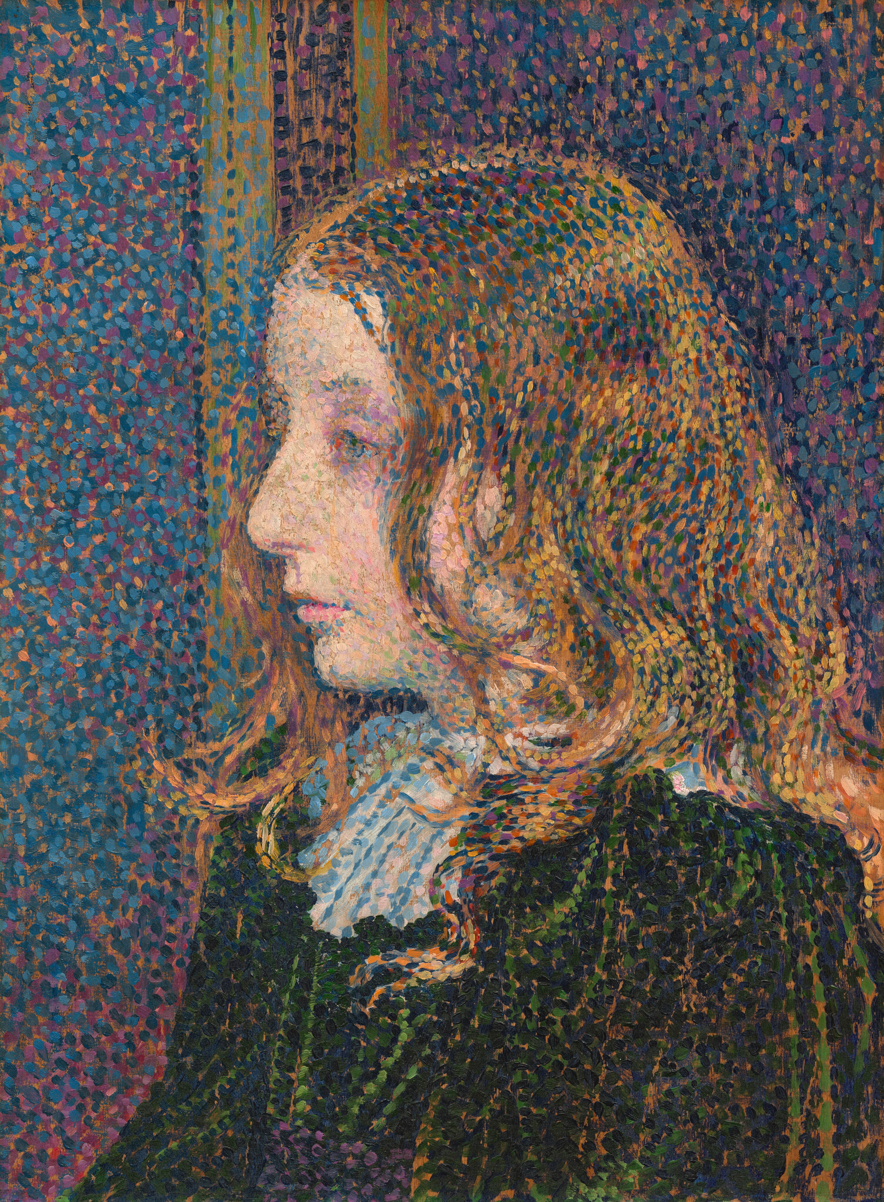 This painting depicts the upper body of a young person in profile, facing left. The person has pale skin, a long nose, thin pink lips, pale eyebrows, and green-brown eyes surrounded by pale purple lids. The individual has long, wavy hair that curls around their shoulders in a mix of brown, yellow, green, and dark blue shades, with shadows of purple and rusty red. They wear a dark green garment with a white and light blue collar. The paint has been applied in small, overlapping oval dots of different colors. The background is a mix of dark purple and blue, with highlights in a light orange color and hot pink near the bottom left corner. Two vertical tan and blue lines run down behind the person's head, suggesting paneling.