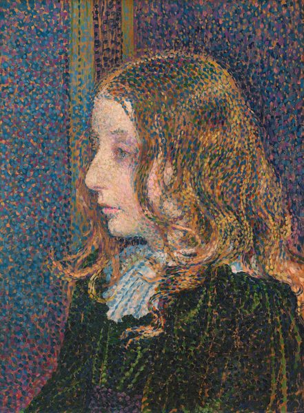 This painting depicts the upper body of a young person in profile, facing left. The person has pale skin, a long nose, thin pink lips, pale eyebrows, and green-brown eyes surrounded by pale purple lids. The individual has long, wavy hair that curls around their shoulders in a mix of brown, yellow, green, and dark blue shades, with shadows of purple and rusty red. They wear a dark green garment with a white and light blue collar. The paint has been applied in small, overlapping oval dots of different colors. The background is a mix of dark purple and blue, with highlights in a light orange color and hot pink near the bottom left corner. Two vertical tan and blue lines run down behind the person's head, suggesting paneling.