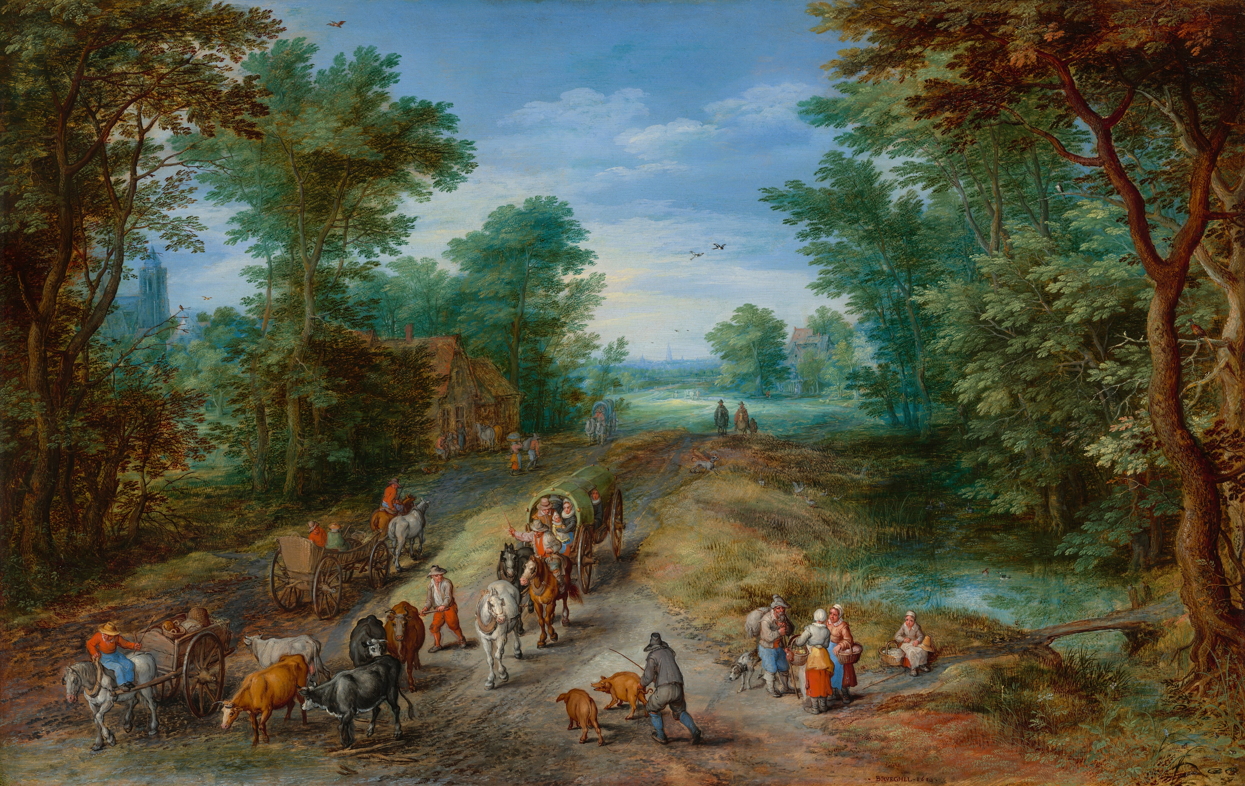 The painting depicts a wide country road seen from above. The horizon is halfway up the painting, showing the flat, green land meeting the blue sky. Far in the distance there are faint blue buildings, including a tall tower. The road curves toward us from this distant city, with small people in the distance walking along it. Closer to us, at the bottom of the painting, several groups of people travel down the path in either direction. People converse, herd cattle and brown pigs, or ride in horse-drawn carts as they move down the dirt path. Brushstrokes capture detailed foliage, people, and animals. The color palette includes rich greens, earthy browns, and bright clothing in shades of red, blue, yellow, and white.