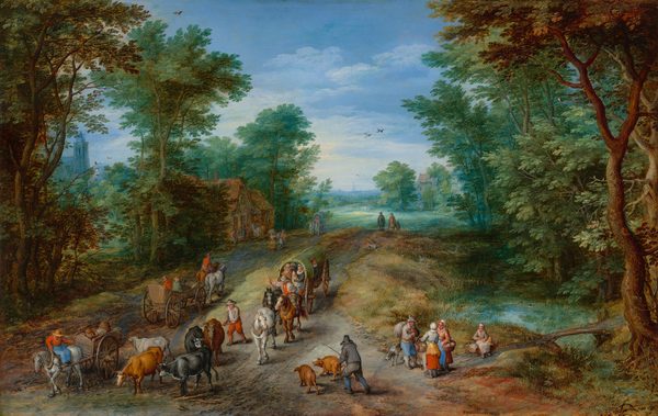 The painting depicts a wide country road seen from above. The horizon is halfway up the painting, showing the flat, green land meeting the blue sky. Far in the distance there are faint blue buildings, including a tall tower. The road curves toward us from this distant city, with small people in the distance walking along it. Closer to us, at the bottom of the painting, several groups of people travel down the path in either direction. People converse, herd cattle and brown pigs, or ride in horse-drawn carts as they move down the dirt path. Brushstrokes capture detailed foliage, people, and animals. The color palette includes rich greens, earthy browns, and bright clothing in shades of red, blue, yellow, and white.