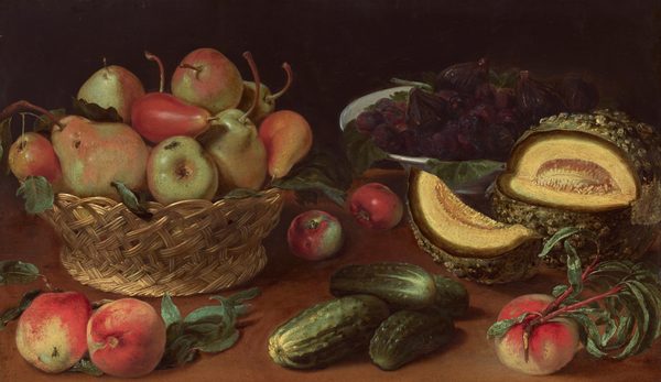 This painting features a large woven basket filled with pears and a couple of peaches or apples, positioned in the center-left of the composition. Below the basket, there are a few peaches resting separately, while four cucumbers lie in the center of the table. To the right, a reflective bowl overflows with figs. In front of it is a yellow melon with a textured rind that has been cut open. The color palette includes hues of green, red, and the yellow of the melon. The lighting in the image comes from the upper left, casting shadows on the brown surface below and highlighting the texture and color of the fruits against the black background.