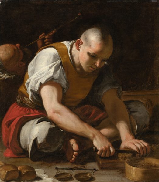 A light-skinned, clean-shaven man sitting cross-legged on the floor nearly fills this almost square painting. His body is angled to our right, and he bends forward, using a knife to cut a block of dried tobacco leaves on a wood board. A straight-edged bowl is nearby to collect the flakes. The man’s head is unevenly shaved so is short on the side and bushier down the middle of his head to the back. He has a round nose, and his pink lips are parted. He wears a golden-yellow vest over a white shirt, the puffy sleeves roll up to expose the upper arms. A scarlet-red overskirt drapes across his hips over roomy slate-gray, knee-length pants. He is barefoot, and we see the underside of the toes closer to us. A scale and two roll-sized loaves of bread on a white cloth sit on the ground in front of him along the bottom edge of this canvas. Light falls across the scene from our left so the far side of his face is in shadow, as is the space behind the man. Only the top of the head of a second man, also bald, and a hand holding a long, glowing tobacco pipe are clearly visible in the shadows. The man lies with his head toward us, and his body disappears behind the other person.