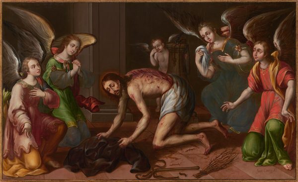 This is a painting of a scene with a suffering man surrounded by five angels. The man is kneeling in the center of the painting, facing the left, with thin, dark red wounds visible on the pale skin of his back and arms. He is nude except for a white cloth tied around his waist, and he reaches towards a black robe or cloth on the ground. On the floor in front of him are a discarded whip and bundle of thorny twigs. In a semi-circle around him, the angels display different poses of lament and compassion. They have light skin and are dressed in green, red, pink, teal, and gold garments, with wide, feathered wings stretching behind them. The floor appears to be checkered in shades of light red, and the background is dark, with one white, square column visible to the left of center.