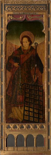 The image shows a person standing upright, dressed in ornate clergy robes with a cape draped over one shoulder. They hold a gridiron in their right hand and a book in their left hand. The individual has a serene expression and is framed by a halo. The background is textured gold and dark green, enclosed by an ornate frame with gold accents.