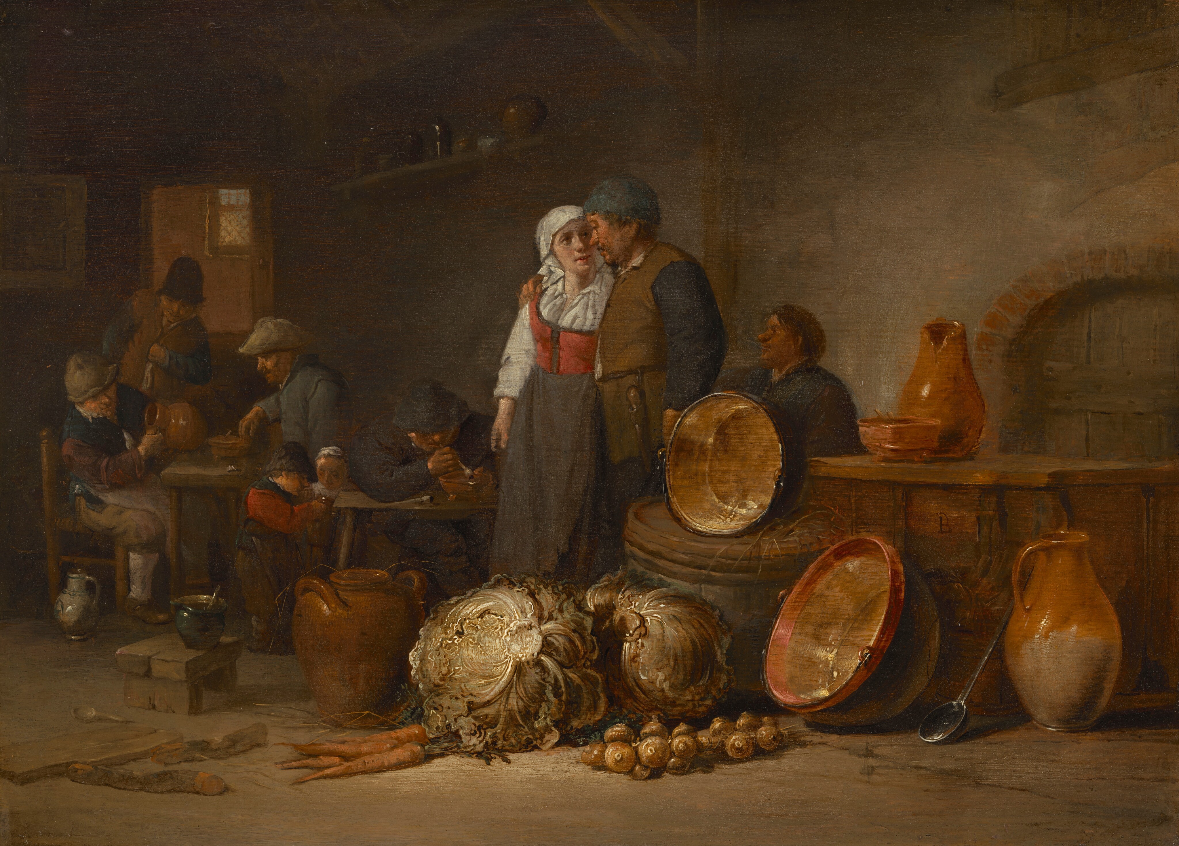 The image shows a rustic interior with large objects, including a collection of ceramic pots, bowls, and raw vegetables like cabbages, carrots, and onions in the foreground. The color palette is earthy and warm, with browns, beiges, and muted greens. A table is on the left side of the image where several people are seated, while in the center, a man with his arm around a woman stands in front of a stone archway, surrounded by pottery on a wooden table. In the background, another figure can be seen through a doorway.