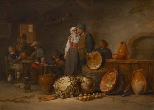 The image shows a rustic interior with large objects, including a collection of ceramic pots, bowls, and raw vegetables like cabbages, carrots, and onions in the foreground. The color palette is earthy and warm, with browns, beiges, and muted greens. A table is on the left side of the image where several people are seated, while in the center, a man with his arm around a woman stands in front of a stone archway, surrounded by pottery on a wooden table. In the background, another figure can be seen through a doorway.