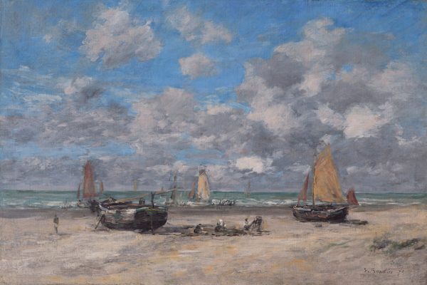 The image features a seascape scene with a beach, ocean, and sailboats. The horizon is high in the image, separating the sea from the sky, where sailboats are present. The painting shows expressive brushstrokes detailing the clouds in the sky, boats on the sand, and people nearby. The color scheme includes sandy browns, muted greens, and vivid blues, creating a dynamic and textured visual.