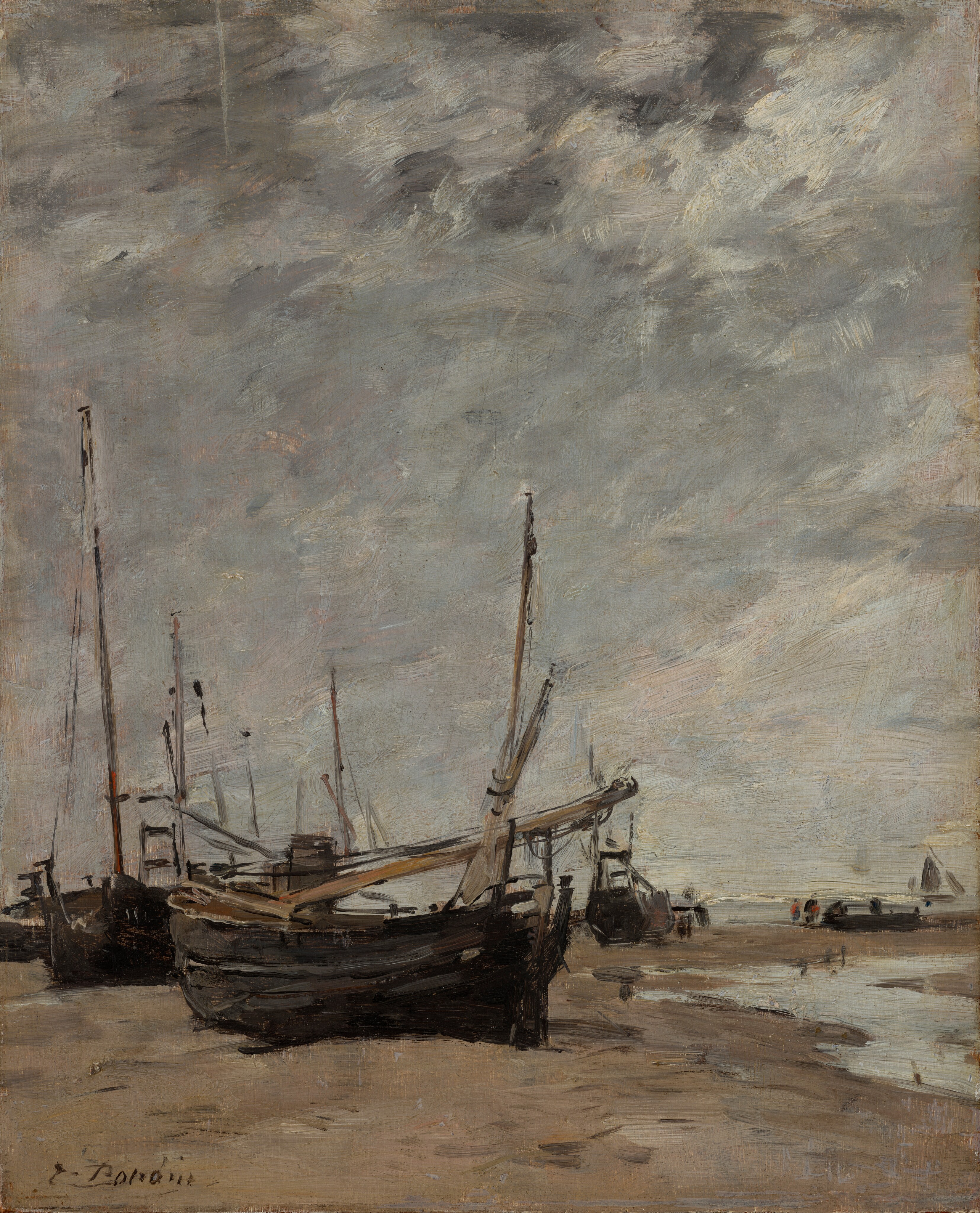 We are eye-level on a beach with half a dozen ships in view, sitting on the ground against a gray sky in this vertical landscape oil painting created with broad, unblended strokes. The horizon line is approximately a quarter of the way from the bottom of the painting, separating the damp sandy brown beach from the water and blue-gray sky. This landscape contains five grounded boats and one in the water. The closest boat to us is slightly off-center to the left. It is a sailboat with a light brown, tall pole supporting the sails that appears broken as it lies down on the dark brown hull. The boat is pointing towards our right. Behind this boat on the left is a very similar boat, but its mask is intact, and it is pointing towards us. Further back in our view are approximately two more boats, more indistinct but appear to be the same type as the closer boats. In the back of our view on the right of the painting, where the sand meets the water, there is a grounded brown boat with no mast. It is very small, and directly to its left, there are two indistinct people made of only a few brushstrokes. One step further behind this boat, in the water and on the horizon line, there is one more boat with its sails up that appears to be sailing almost out of the painting towards our right. Also on our right side of the painting, next to the closest boat, the beach has a puddle of water, which seems to indicate low tide. This puddle reflects the colors of the sky. The large body of water at the farthest view in the painting blends seamlessly into the sky, starting with a pale blue at the horizon line that darkens into a medium dark blue-gray as it moves towards the top of our view.  The words E. Boudin are marked in the bottom left corner.