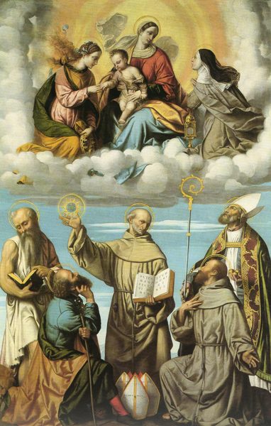 Madonna col Bambino in gloria con le sante Caterina e Chiara, in basso i santi Girolamo, Giuseppe, Bernardino da Siena, Francesco e Nicola di Bari by RobyBS89