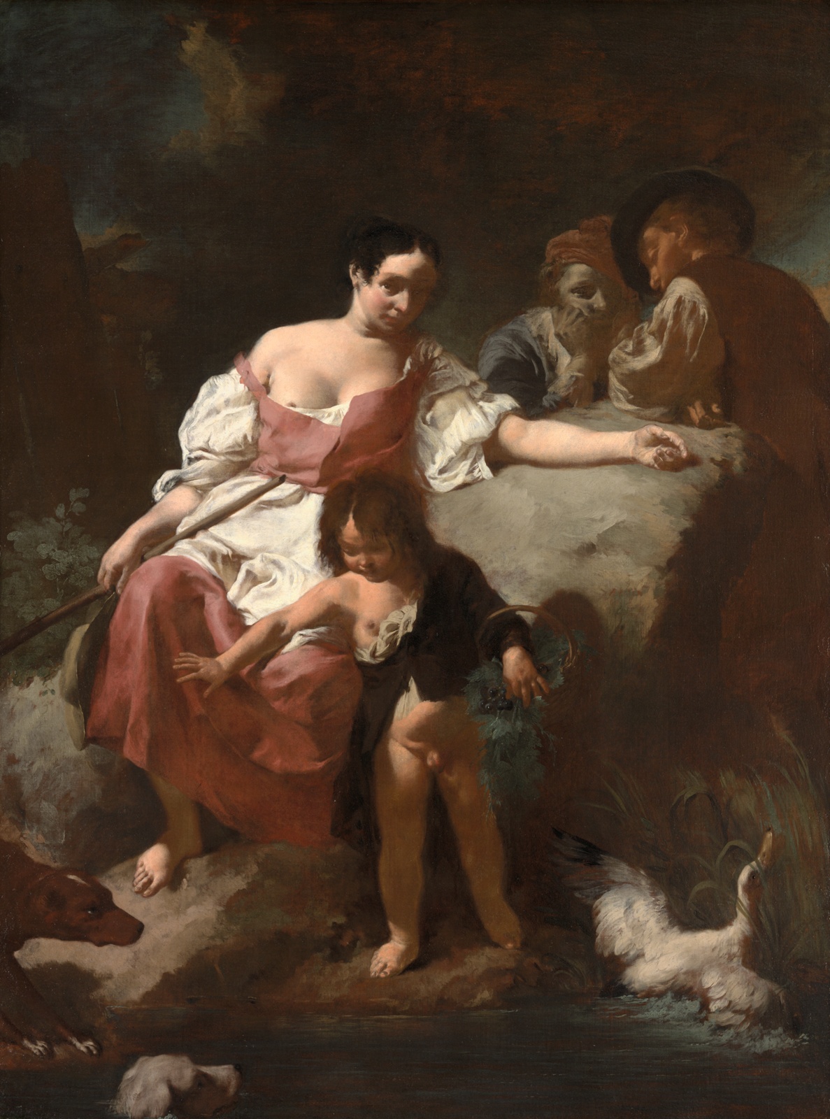 A light-skinned woman, the bodice of her mauve dress pulled down, lounges against a rock, her arm extended on it. A child, mostly nude, stands in front of her looking downward while two men in her party, largely in shadow, lean toward each other as if in conversation.