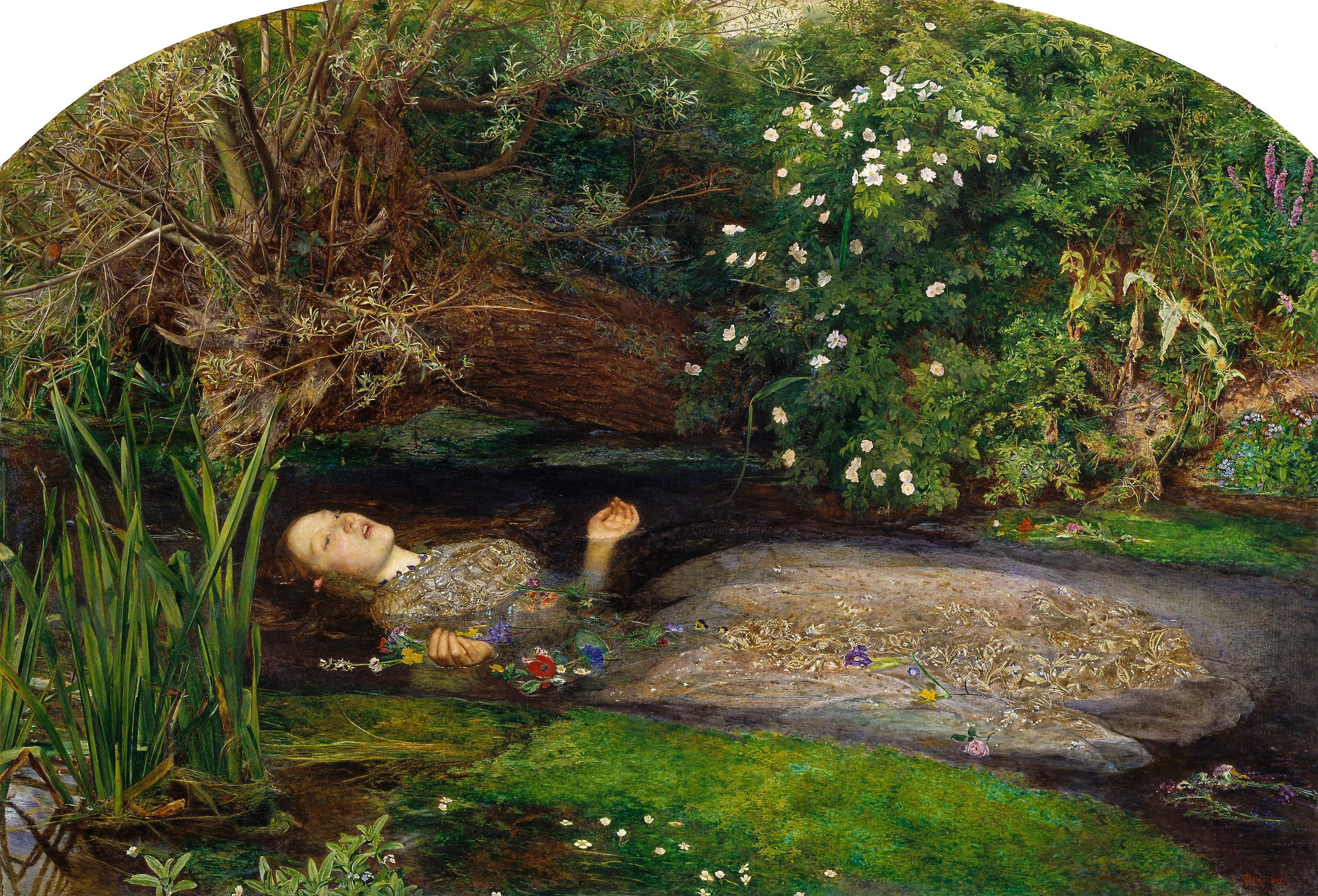 Millais: Ophelia floating in a stream surrounded by detailed green plants and flowers.