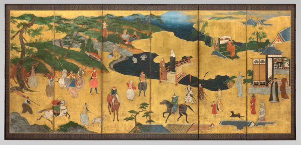 A work made of pair of six-panel screens; ink, colors, and gold on paper.