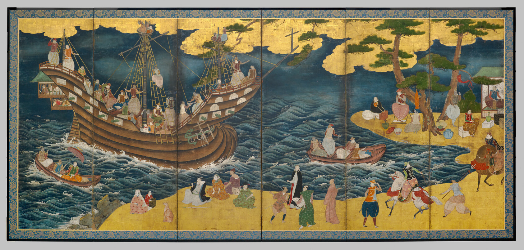 A work made of pair of six-panel screens; ink, colors, and gold on paper.