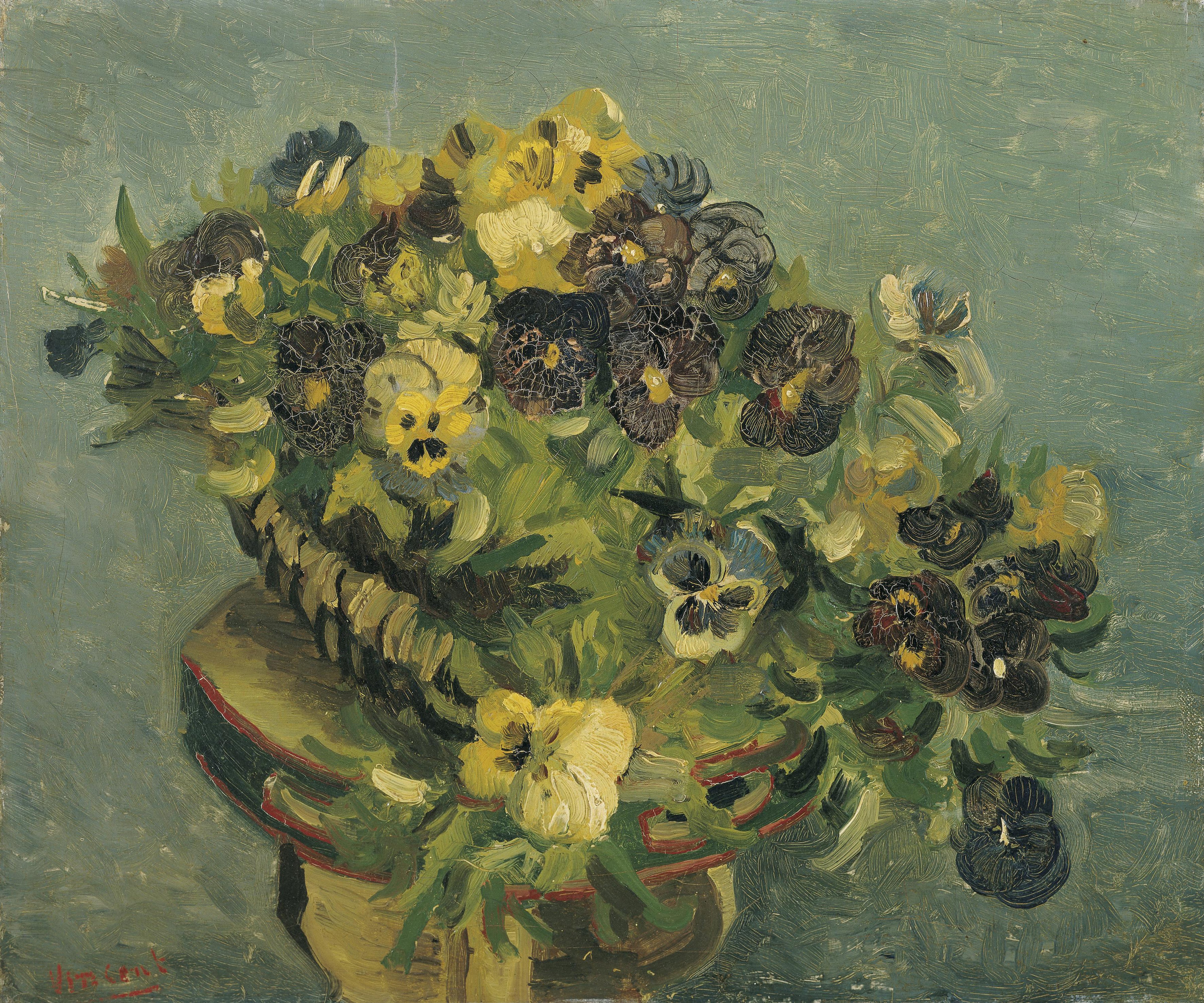 Basket of pansies on a small table, 1887, by Vincent van Gogh
