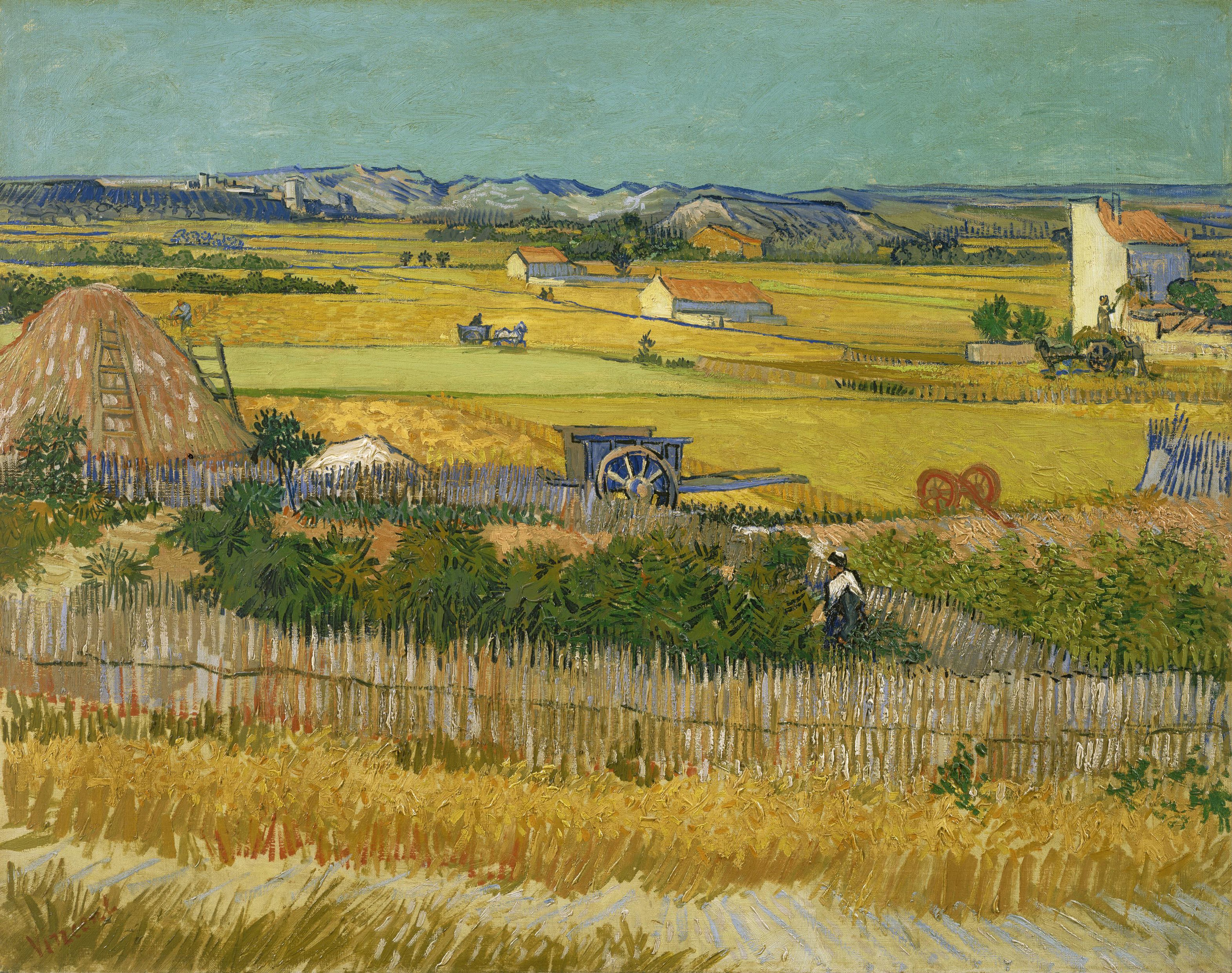 Harvest at La Crau, with Montmajour in the Background, 1888, by Vincent van Gogh