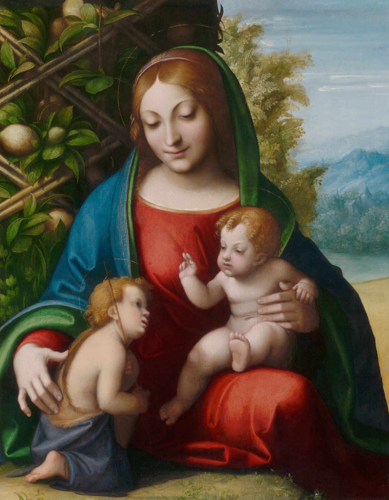 Vividly colored painting of Virgin Mary with baby Jesus and baby John the Baptist.