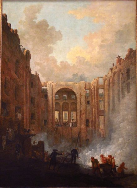 La fin de l'incendie du théâtre de l' Opéra de Paris , deuxième salle du Palais-Royal , le 8 juin 1781. by Hubert Robert