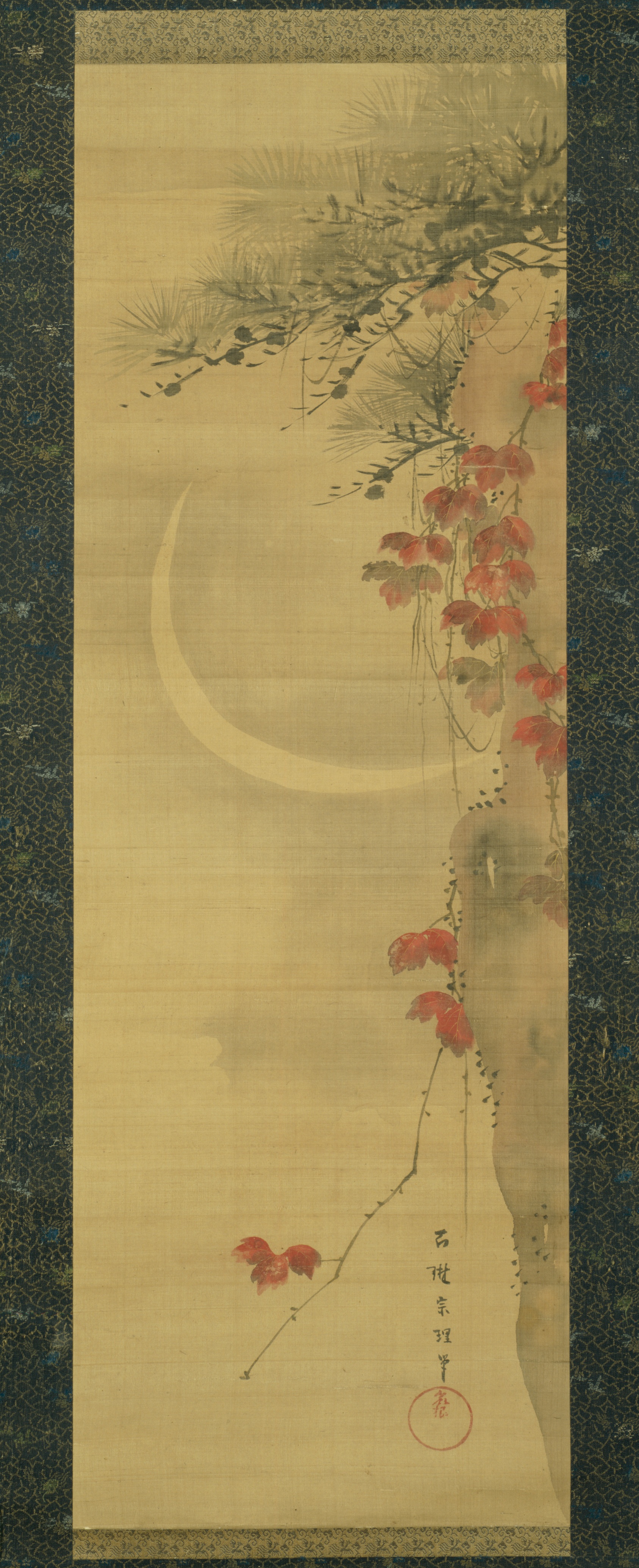 A work made of hanging scroll, ink, colors and gold on silk.