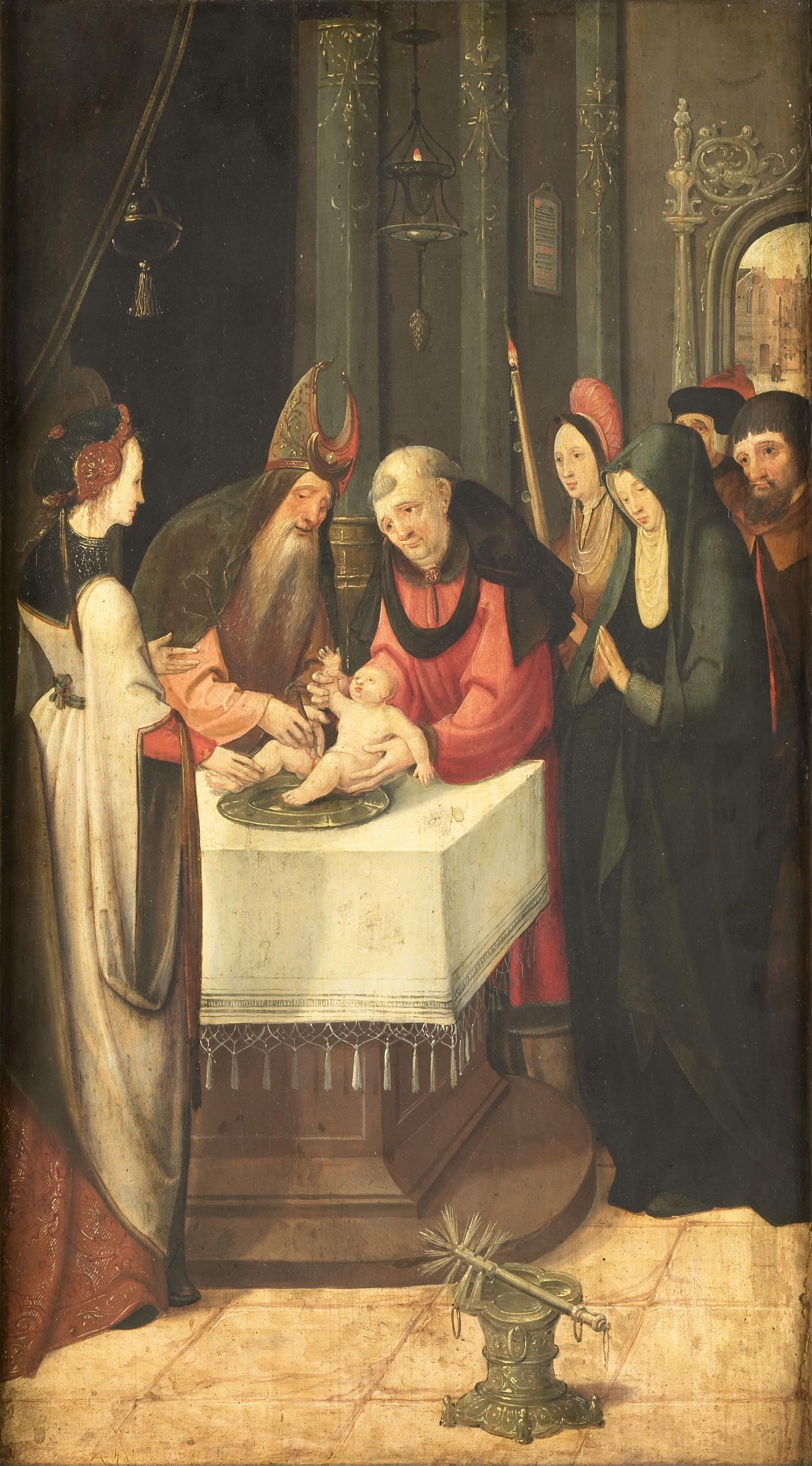 Left wing of an altarpiece with the Circumcision (inner wing) and the Virgin of an Annunciation (outer wing) . [ 1 ] Alternative title(s): Altarpiece with circumcision and (on the reverse ans in grisaille) a sibyl . by Attributed to Master of the Vienna Lamentation