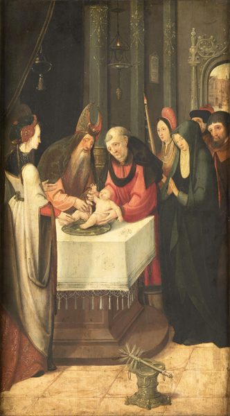 Left wing of an altarpiece with the Circumcision (inner wing) and the Virgin of an Annunciation (outer wing) . [ 1 ] Alternative title(s): Altarpiece with circumcision and (on the reverse ans in grisaille) a sibyl . by Attributed to Master of the Vienna Lamentation