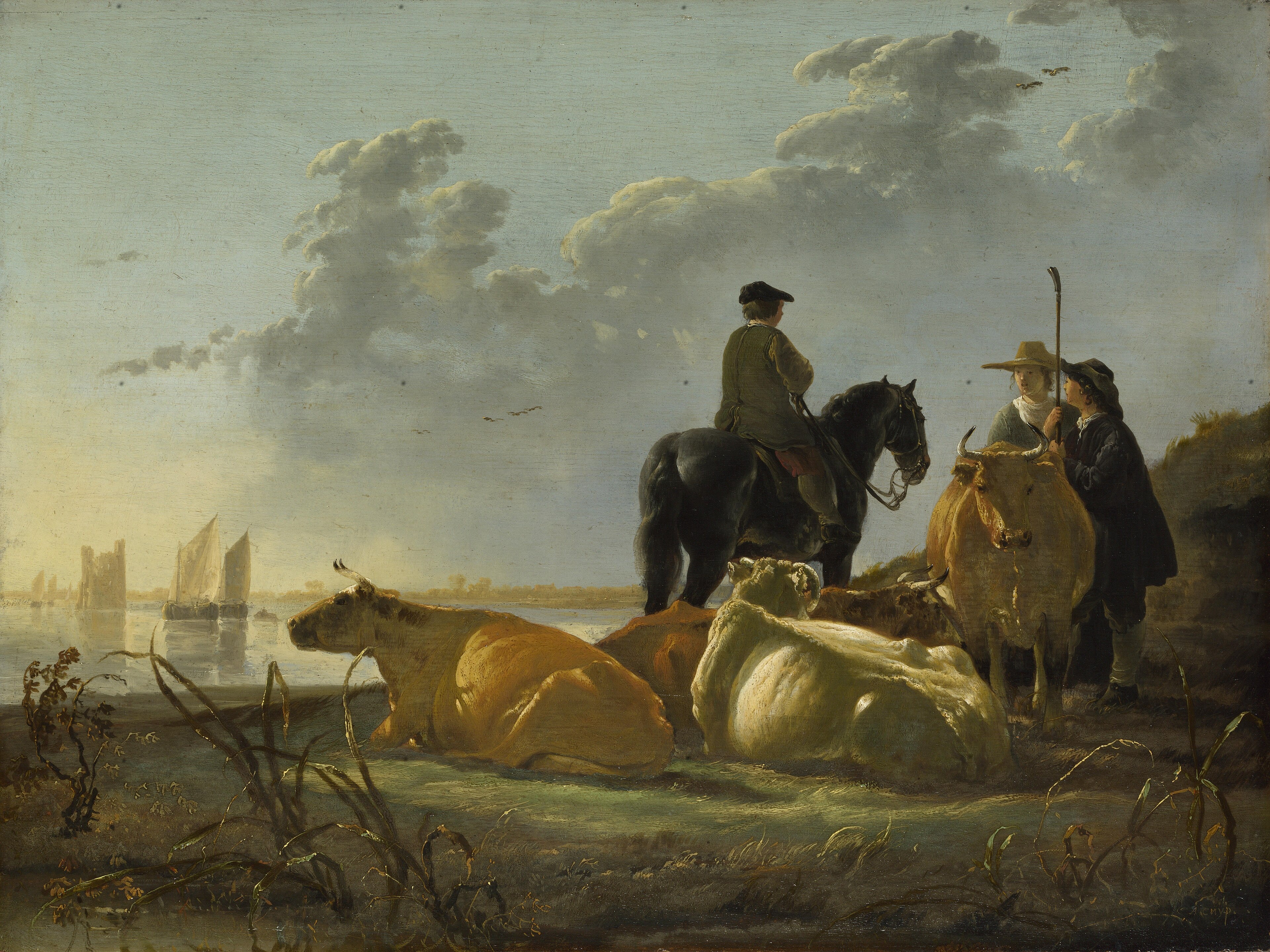 Peasants with Four Cows by the River Merwede by Aelbert Cuyp