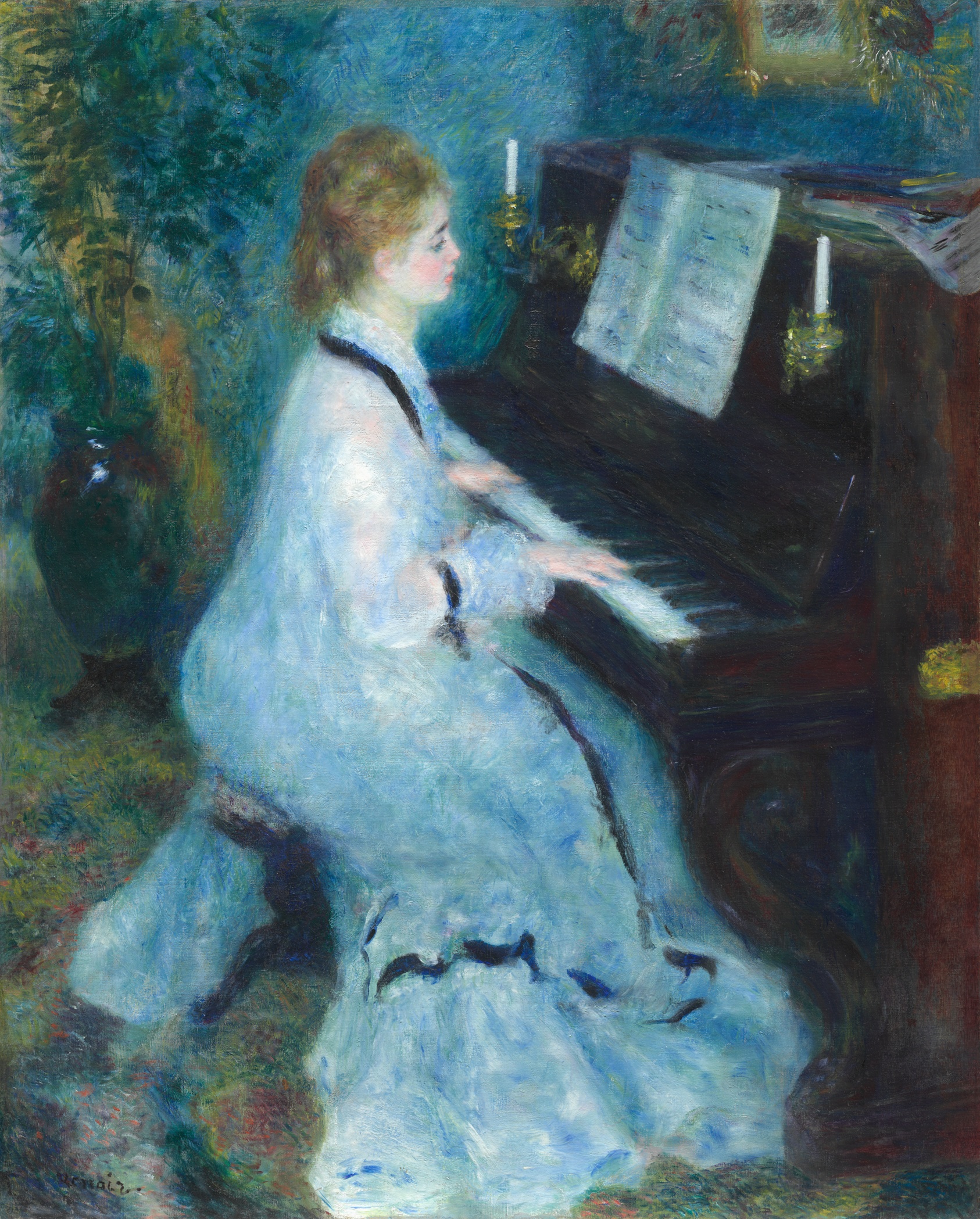 Painting of a light-skinned woman dressed in a gauzy white gown with black trim playing an upright paino.
