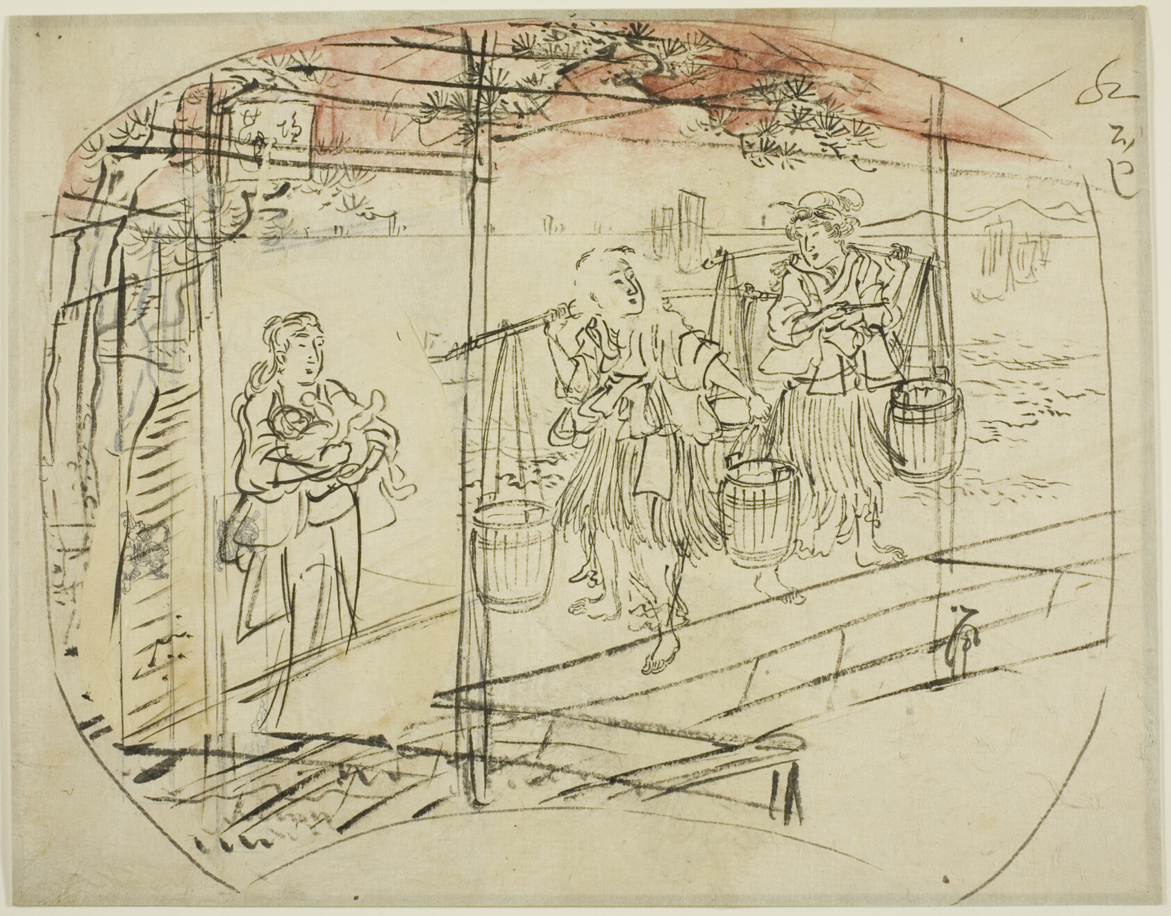 A work made of ink and red pigment on paper.