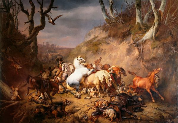Hungry Wolves Attacking a Group of Horsemen by Eugène Verboeckhoven