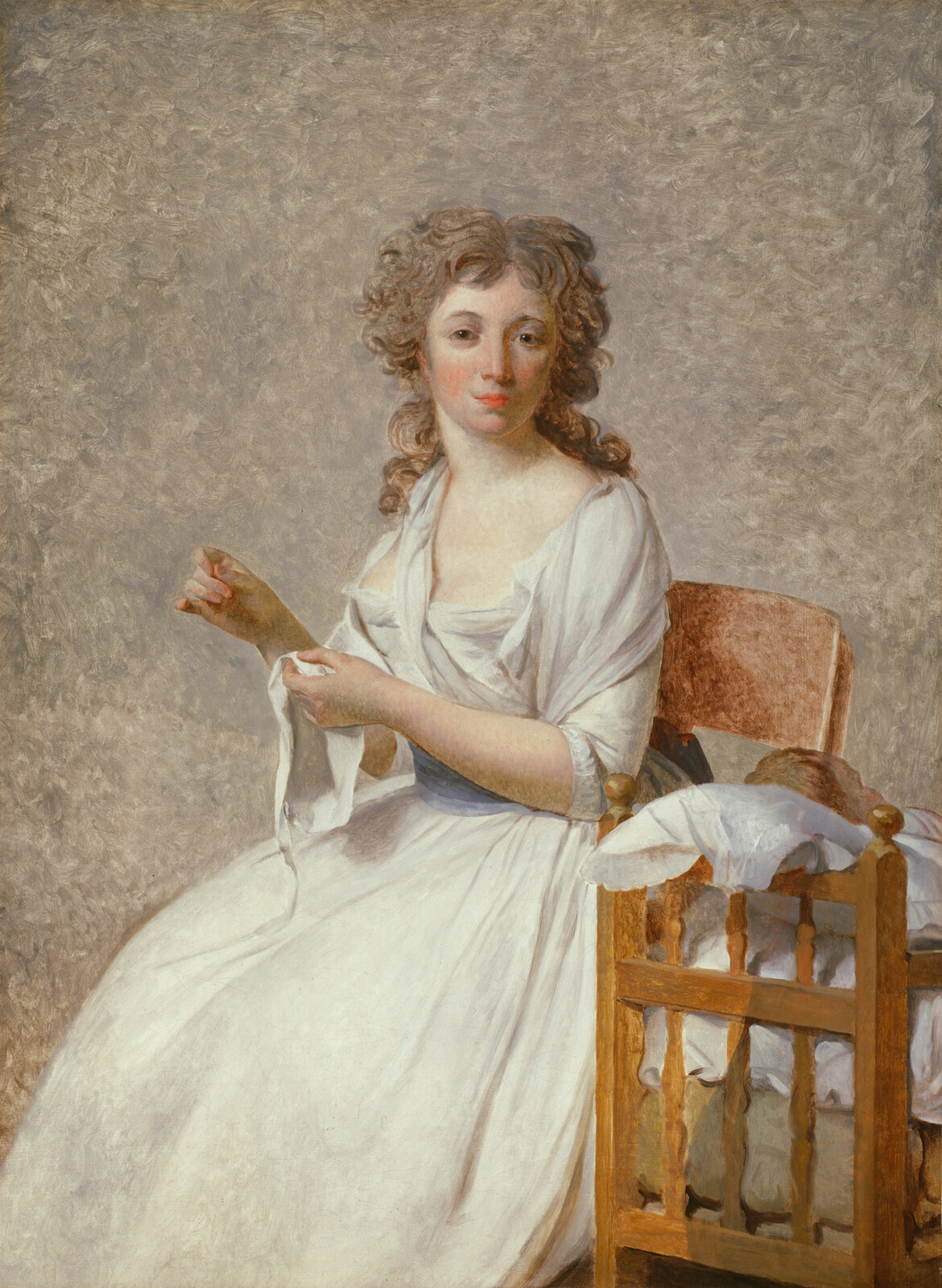 Large painting of young woman in white dress sitting next to crib.