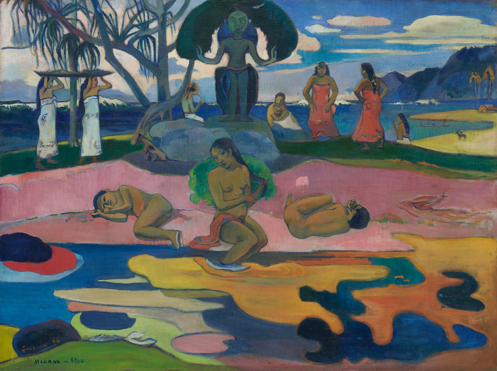 Brightly colored painting of a medium-skinned nude woman sitting on pink sand with her feet in a multicolored body of water, flanked by two nude figures resting in the fetal position. Behind them is a deity sculpture and individuals carrying objects, dancing, and swimming.