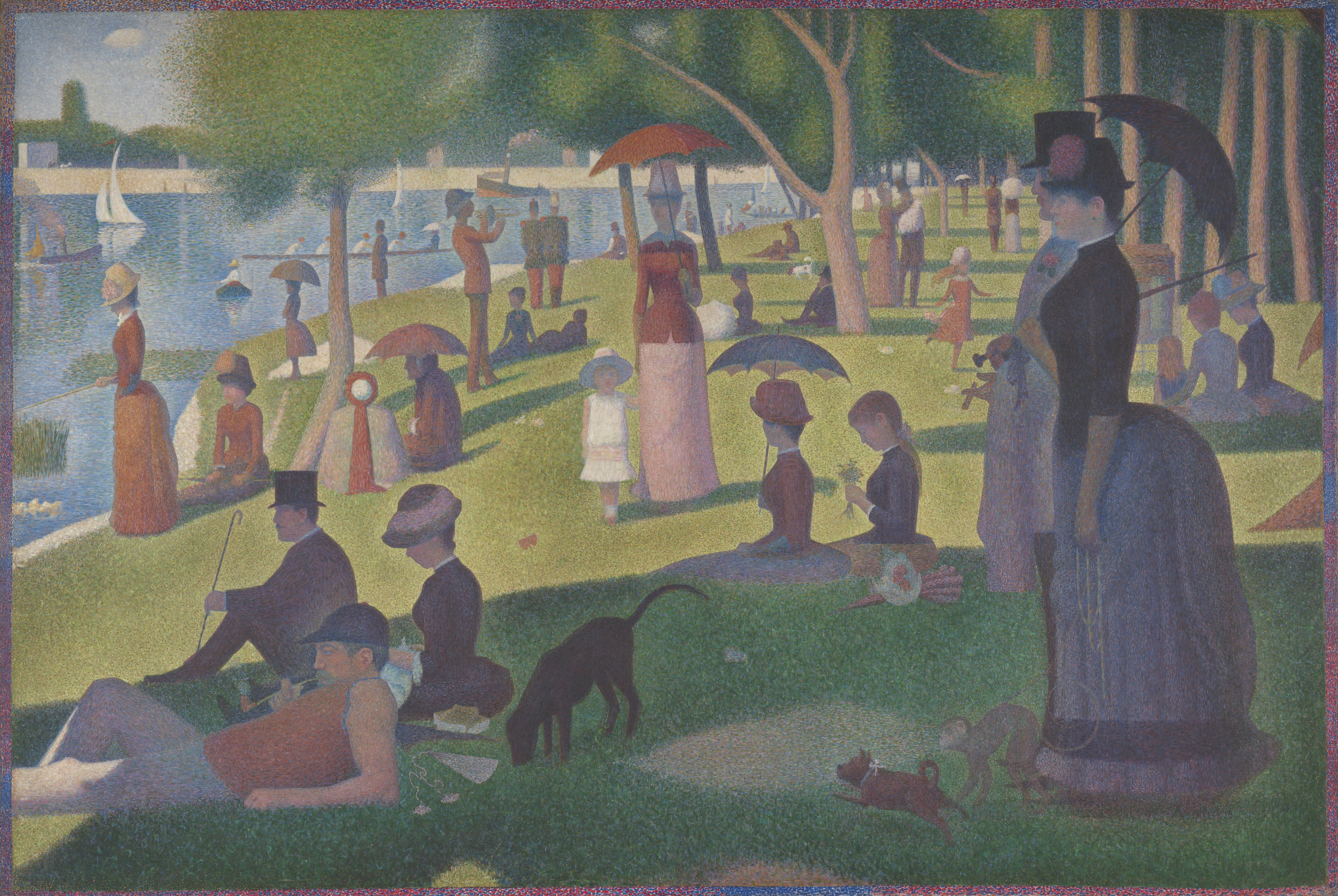 Seurat: people resting beneath trees beside the Seine, built from small points of color.