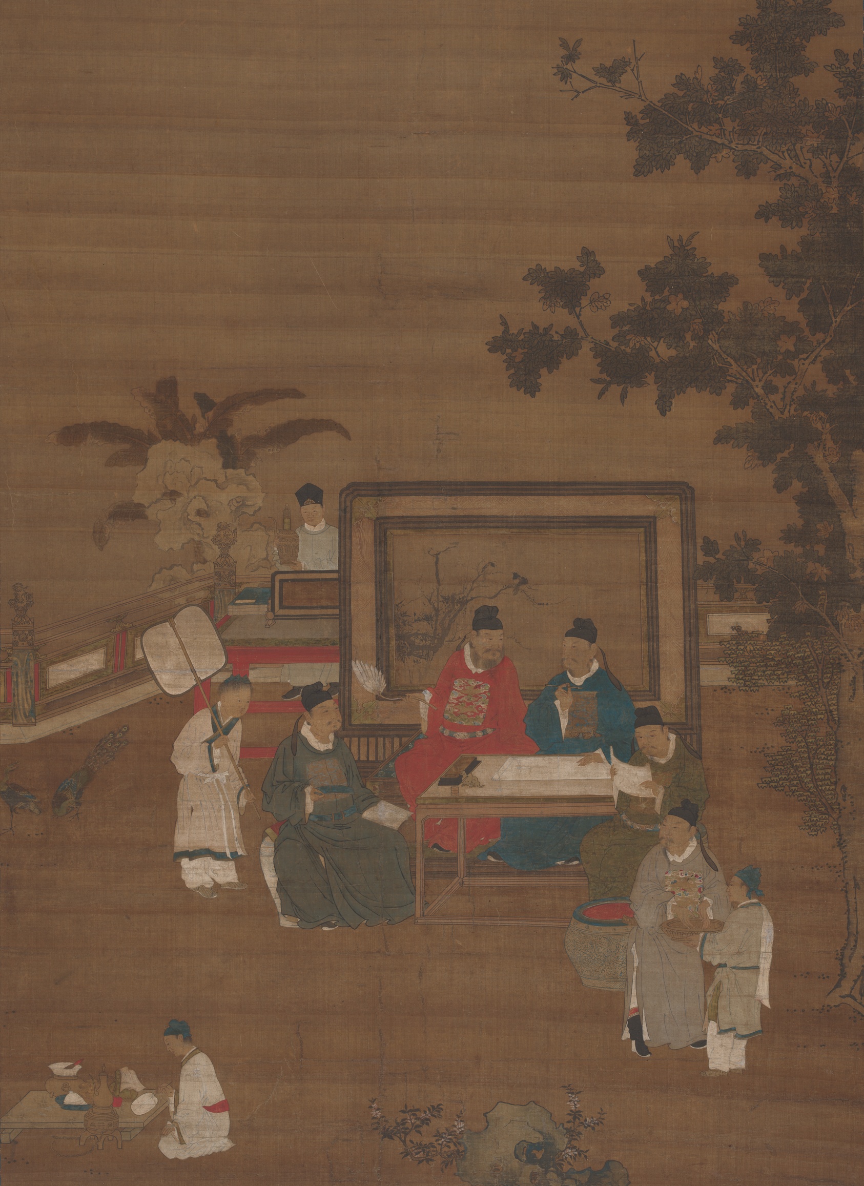 A work made of hanging scroll mounted on a panel; ink and colors on silk.