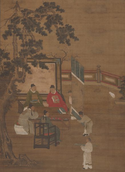 A work made of hanging scroll mounted on a panel; ink and colors on silk.