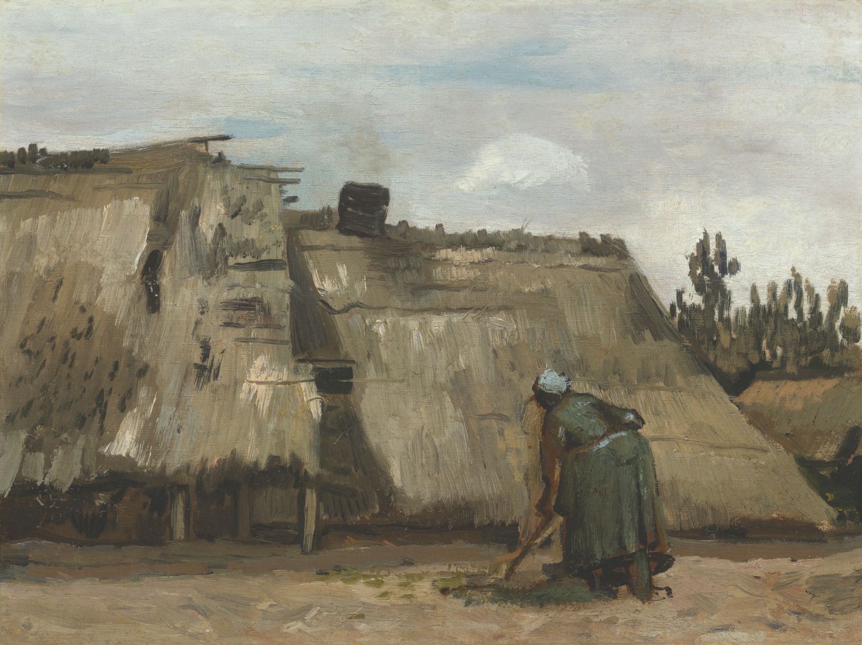 Painting in tones of gray and brown, with some green and blue, of a woman digging with a garden tool before a structure with a thatched roof that descends almost to the ground. Above her the sky is gray and blue, a haze of clouds.